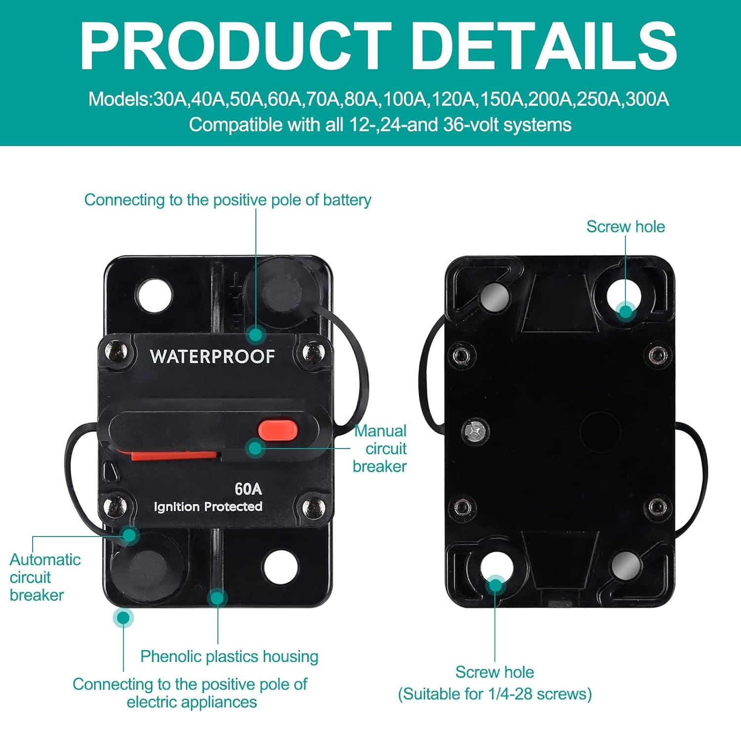 Disyuntor de 60 amperios, con reinicio manual, impermeable, 12V-48V CC, 30-304A, para motores marinos de arrastre de automóvil, barco, ATV,