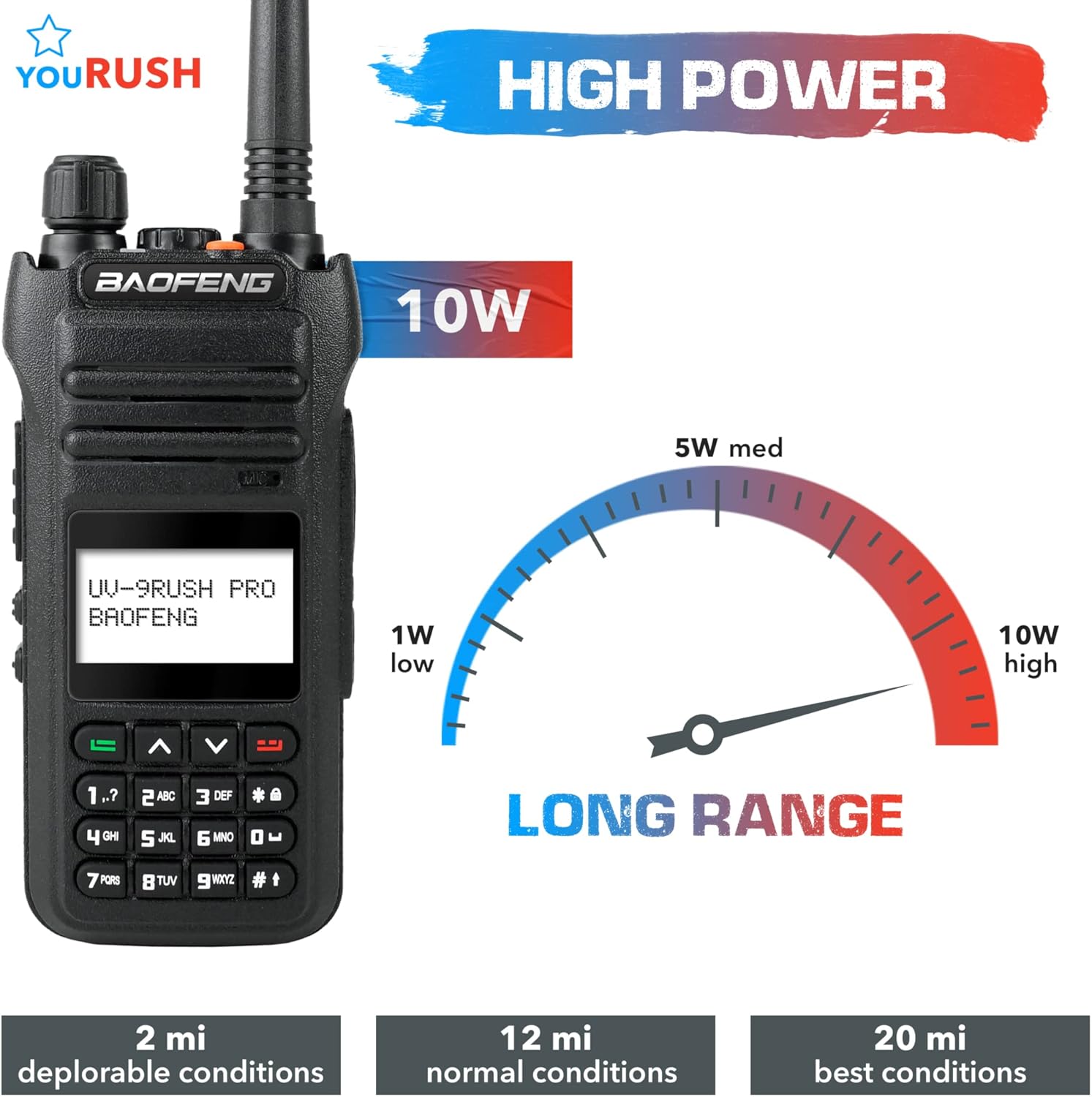 UV-9Rush Pro 10 W (actualizado Baofeng BF-H5) Radio portátil de mano UHF VHF Radio de mano de doble banda IP54 con batería de 2200 mAh. Pin K2