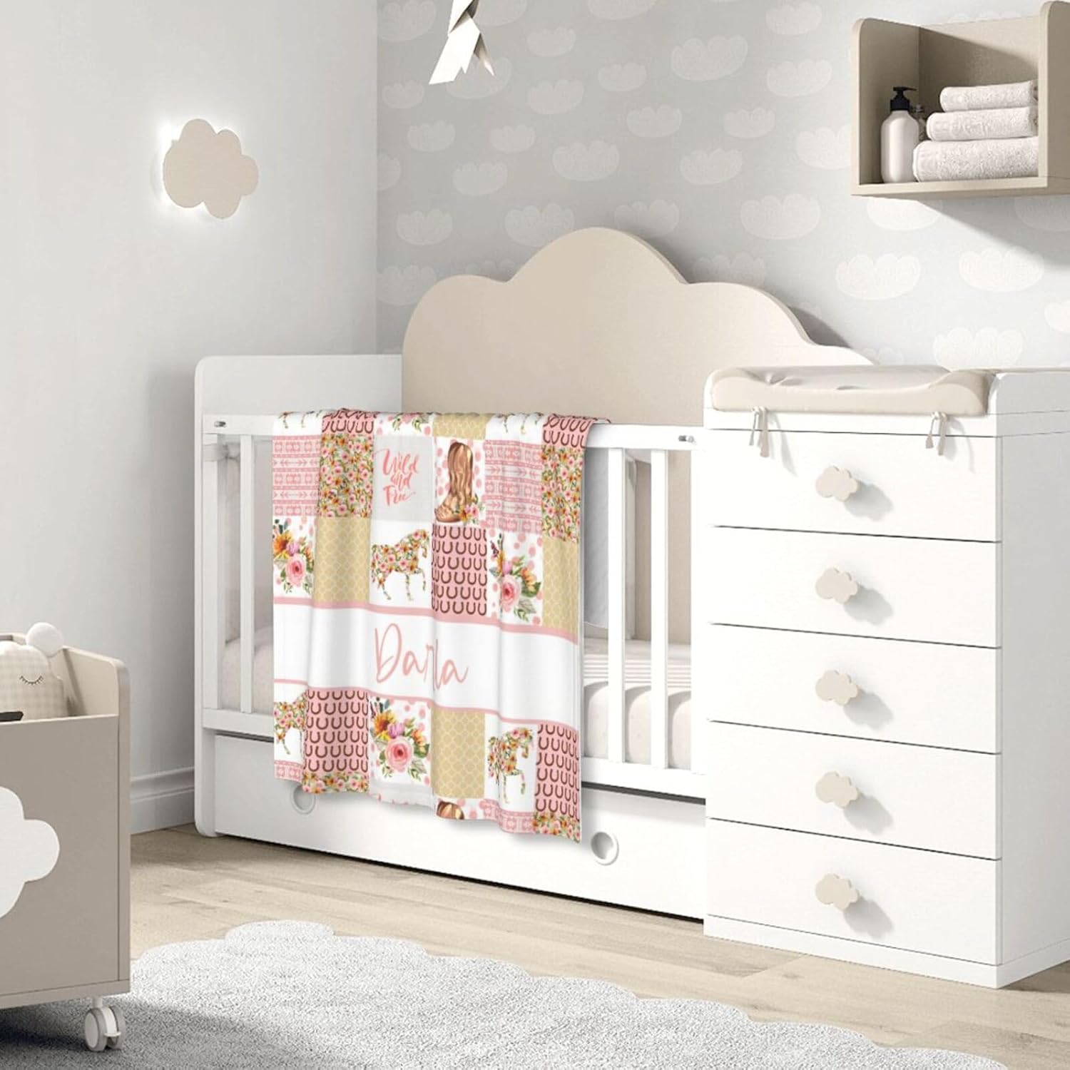 Manta de bebé personalizada para niñas, manta de bebé personalizada con nombre, manta suave personalizada con nombre, manta de caballo floral