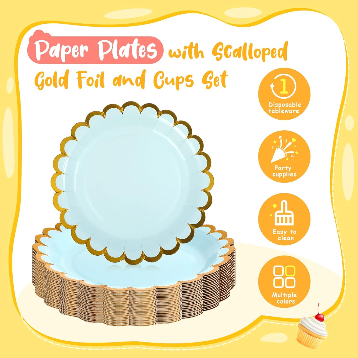 CHENGU Los platos desechables para fiestas, el juego de vajilla desechable incluye platos de postre de papel pastel de 7 pulgadas y vasos de 12