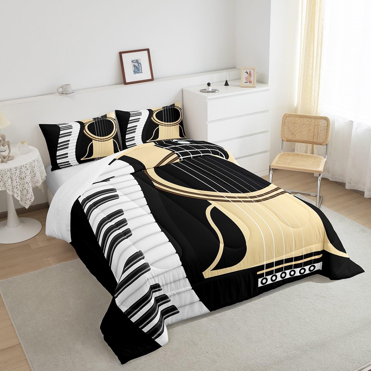 Erosebridal Juego de edredón de guitarra, tamaño Queen para niños y niñas, juego de ropa de cama con teclados de piano, juegos de ropa de cama