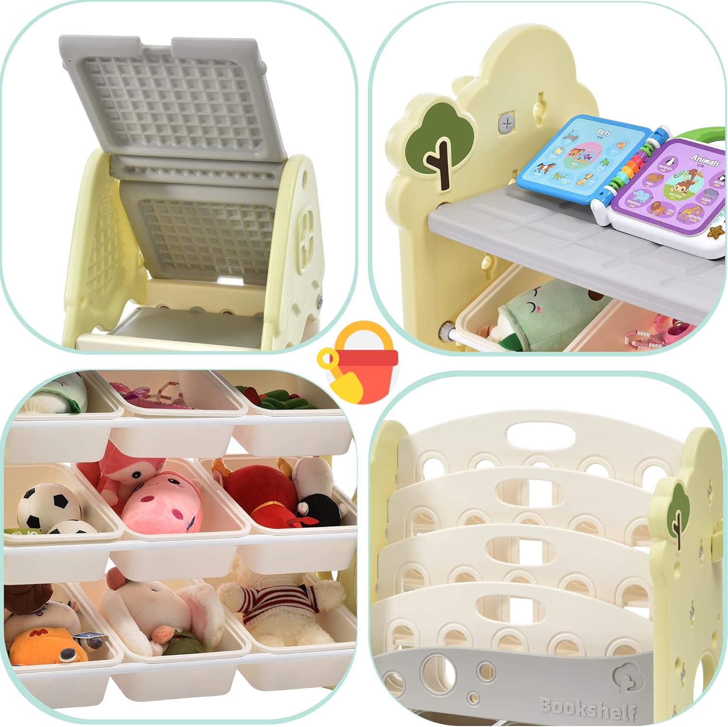 Merax Organizador de almacenamiento de juguetes con 14 cubos de almacenamiento, organizadores de juguetes para niños y almacenamiento con techo para