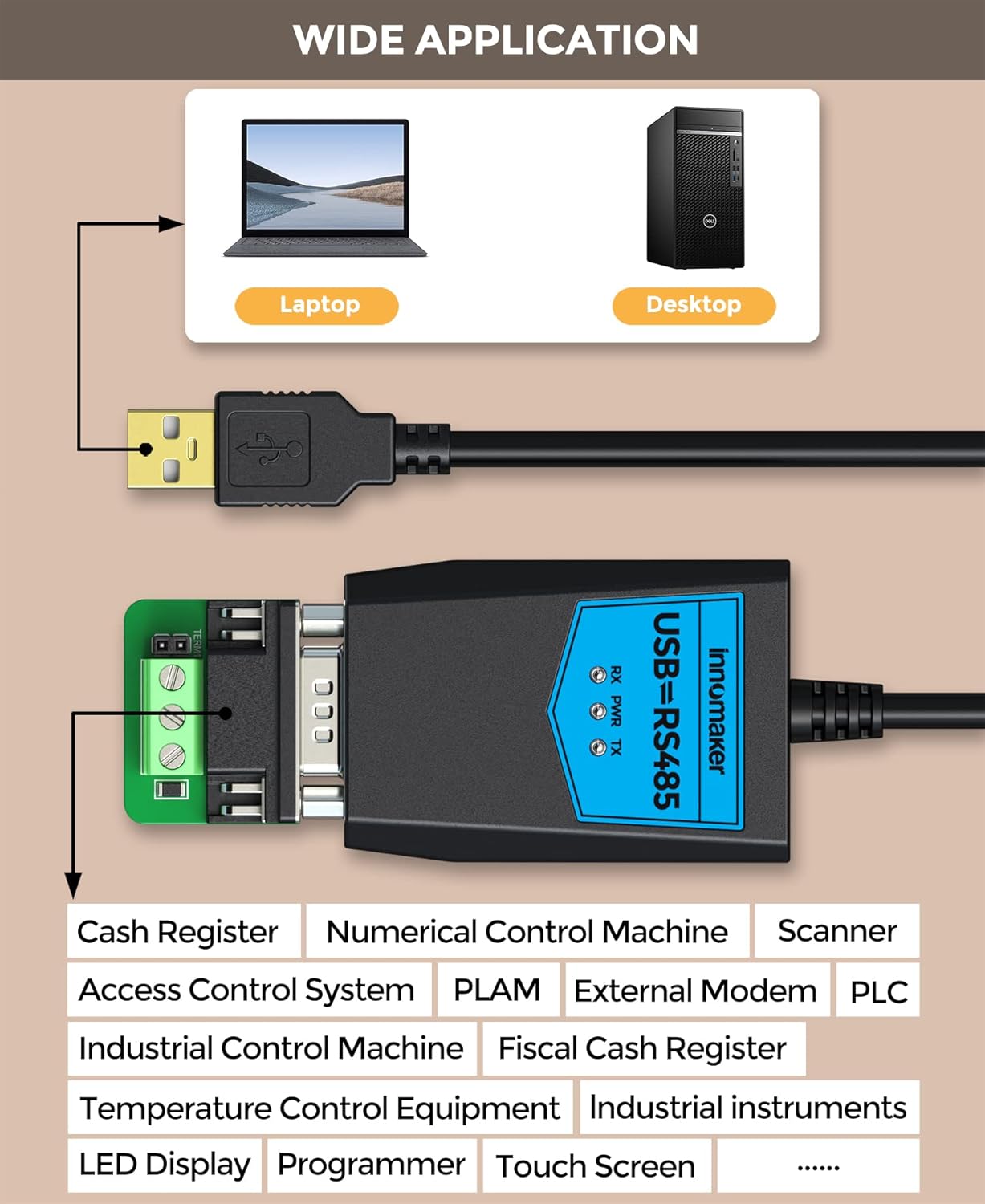 innomaker Industrial USB 2.0 a RS485 Convertidor Adaptador basado en FTDI FTDI FT230 Chip Integrado Protección ESD Soporte Windows 11,10,8 XP Mac Os