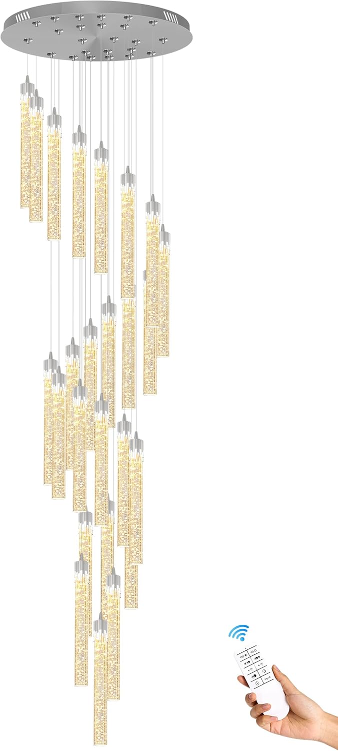 Candelabros de escalera en espiral de 157 pulgadas de largo, color plateado, 25 luces LED modernas, regulables, lámpara de iluminación inclinada de