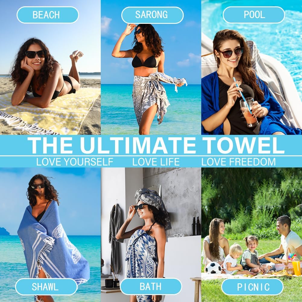 Widdonen Toalla de playa turca de secado rápido, absorbente, de algodón, ligera, fina, para baño, piscina, toallas de natación, extra grandes, sin