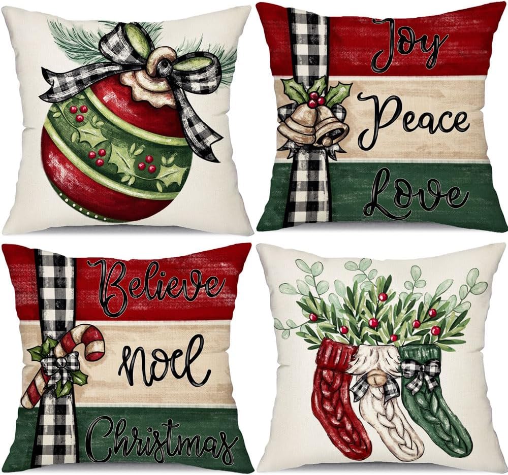 DFXSZ Juego de 4 fundas de almohada navideñas de 18 x 18 pulgadas, fundas de almohada de lana cuadriculada, fundas decorativas de eucalipto, fundas