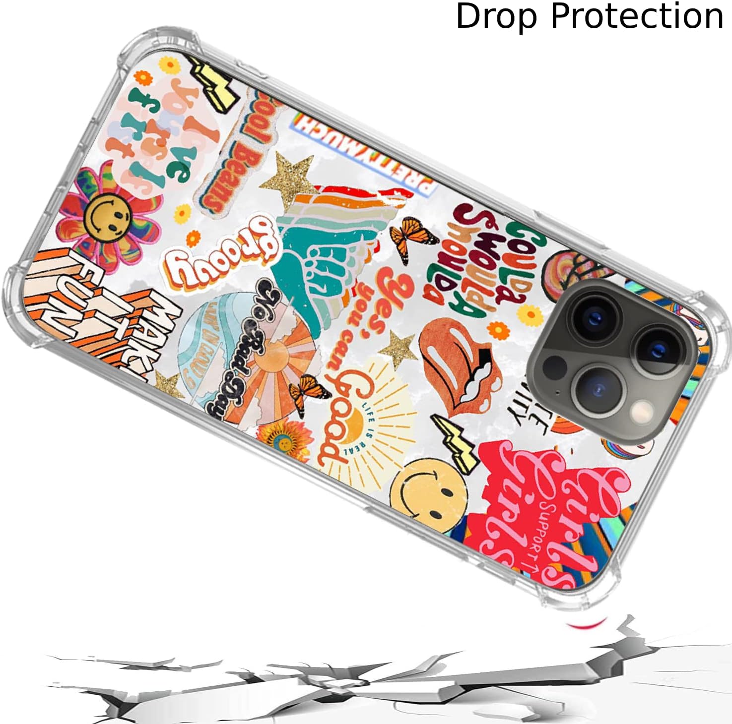 Funda retro de Good Vibes con patrón de mariposa y cara sonriente, compatible con iPhone 15 Pro Max, funda de collage de colores estéticos Trippy