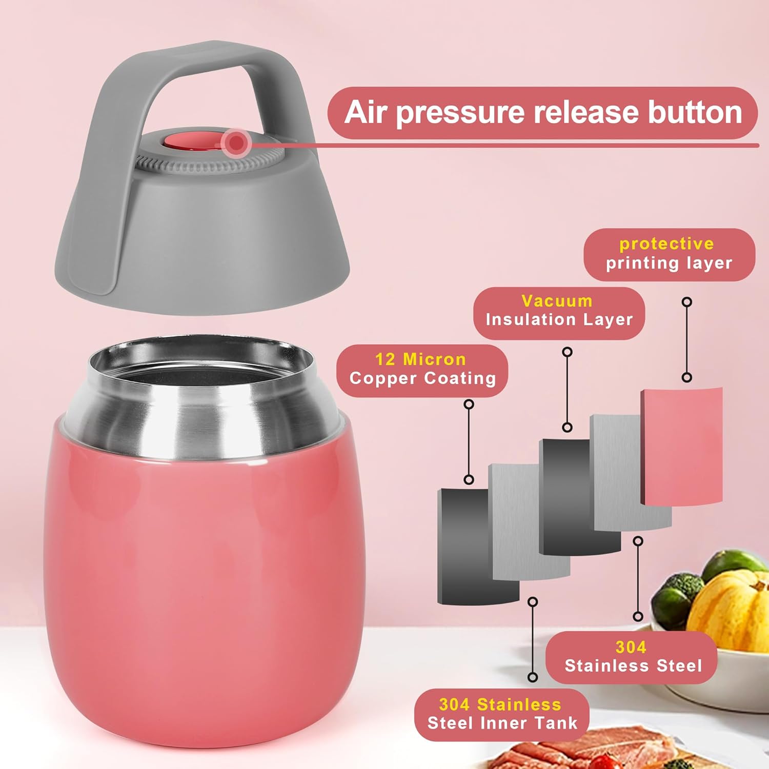 Thermo for Hot Food – Contenedor de alimentos aislado de acero inoxidable para niños y adultos, recipiente de alimentos aislado al vacío de acero
