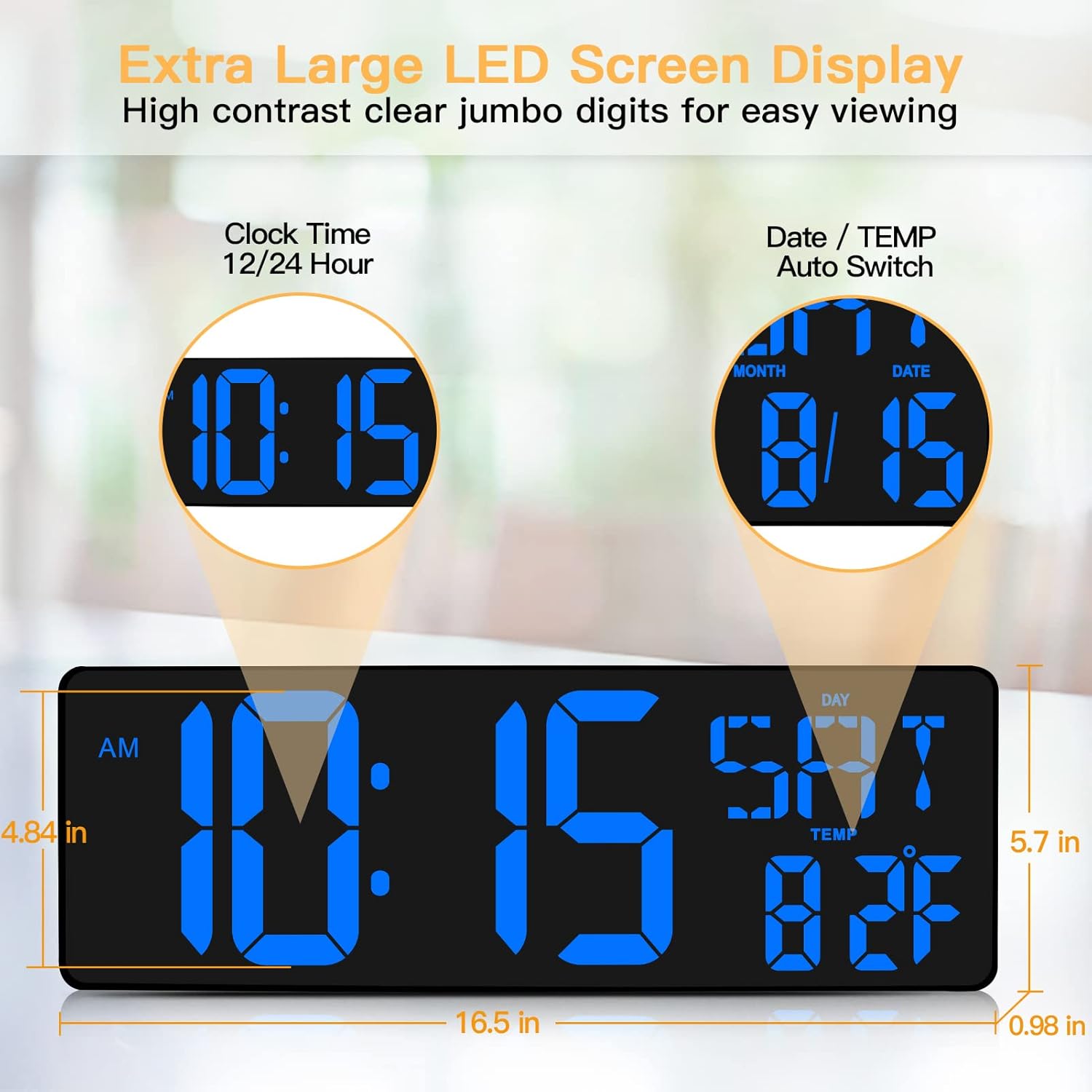 XREXS Reloj de pared digital grande con control remoto, pantalla LED de 16.5 pulgadas, temporizador de cuenta arriba y abajo, brillo ajustable,