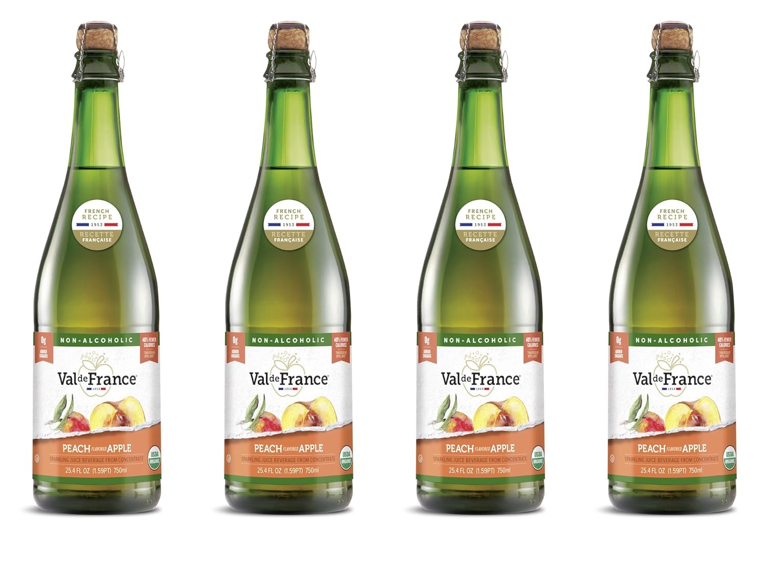 Val de France, Jugo espumoso sin alcohol, reducido en calorías, orgánico y OU Kosher (melocotón), 25.4 onzas líquidas (paquete de 4)