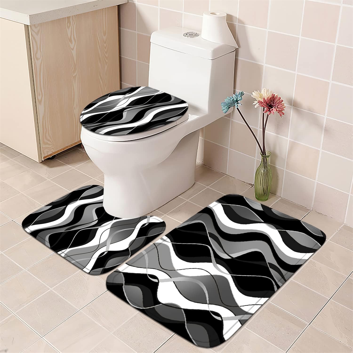 Nkzply Juego de 4 cortinas de ducha a rayas blancas y negras con cortina de ducha y alfombras, decoración moderna para el hogar, cortinas de ducha
