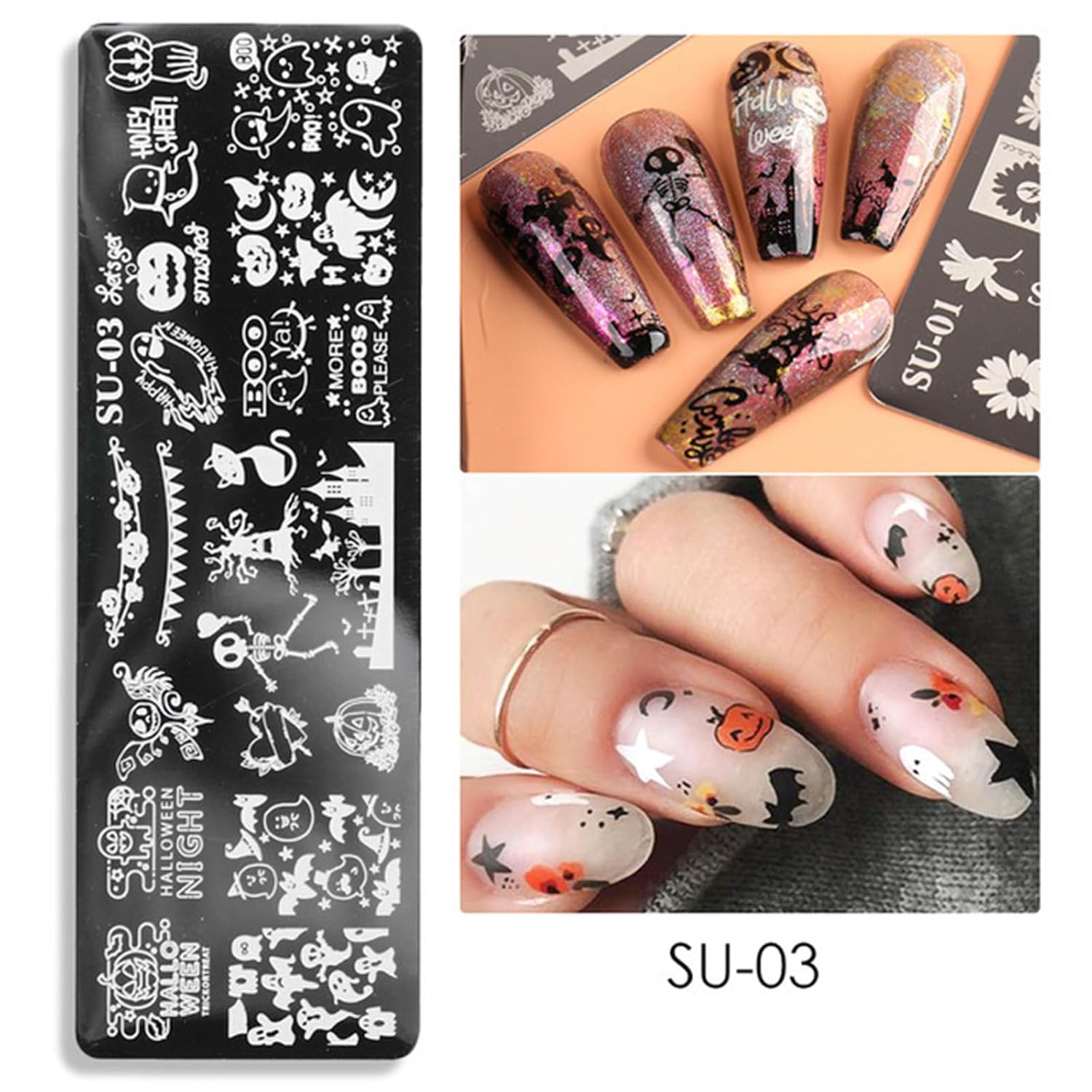 Placa de estampado de uñas de Halloween, 6 placas de uñas + 1 sello de uñas + 1 raspador de uñas de terror para Halloween, kit de sello de uñas de