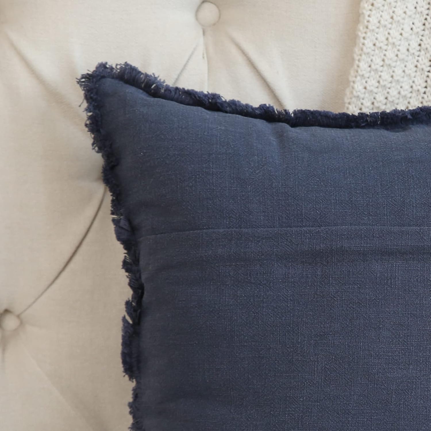 Hckot Funda de almohada de lino de 20 x 20 pulgadas, funda de almohada lumbar azul marino con borlas y flecos, cojines decorativos rústicos para