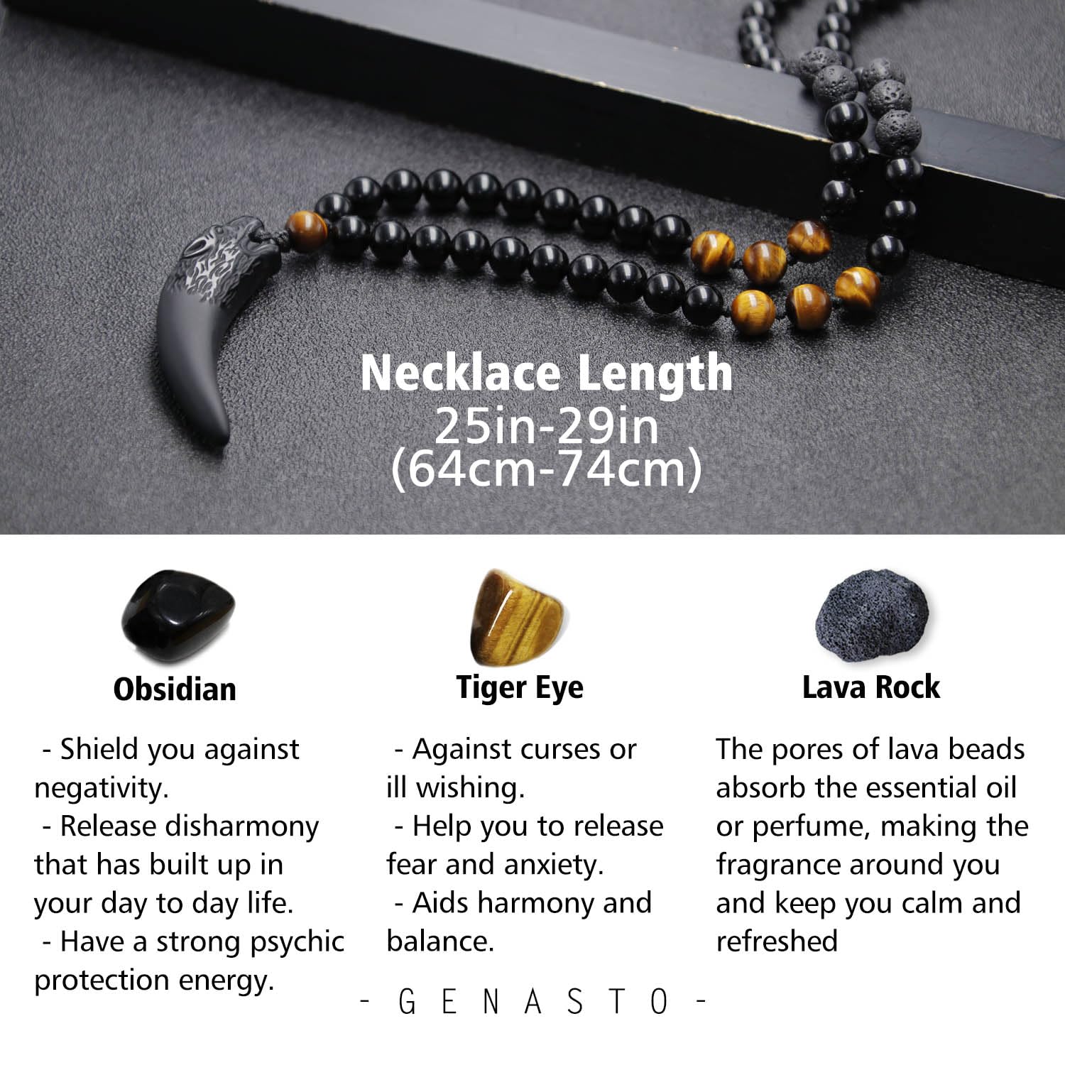 GENASTO Wolf Tooth Necklace Black Obsidian Stone Beads and Tiger Eye Necklace and Tiger Eye Natural Stone Crystal Healing Prayer Necklace for Men
