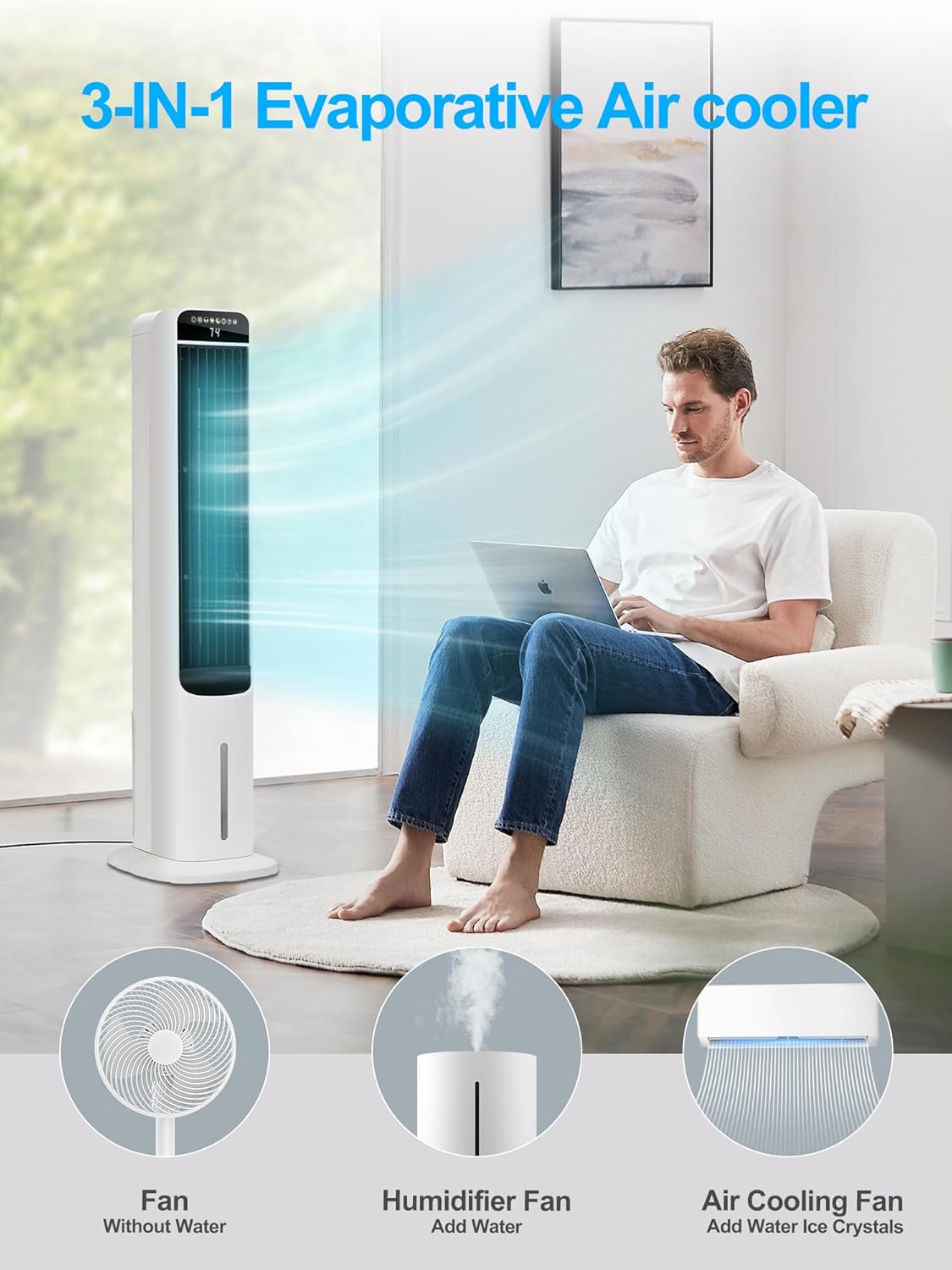 Ventilador de refrigeración que sopla aire frío, enfriador de aire evaporativo portátil, enfriador de pantano con oscilación de 80, 3 modos,