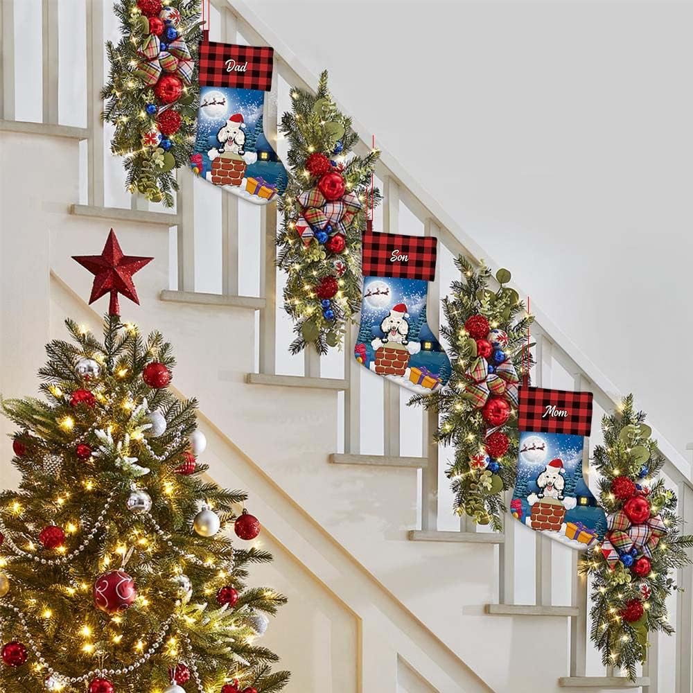 MALIHONG Paquete de 1 calcetín personalizado de Navidad a cuadros de búfalo rojo con encantador perro, husky siberiano, copo de nieve, decoración