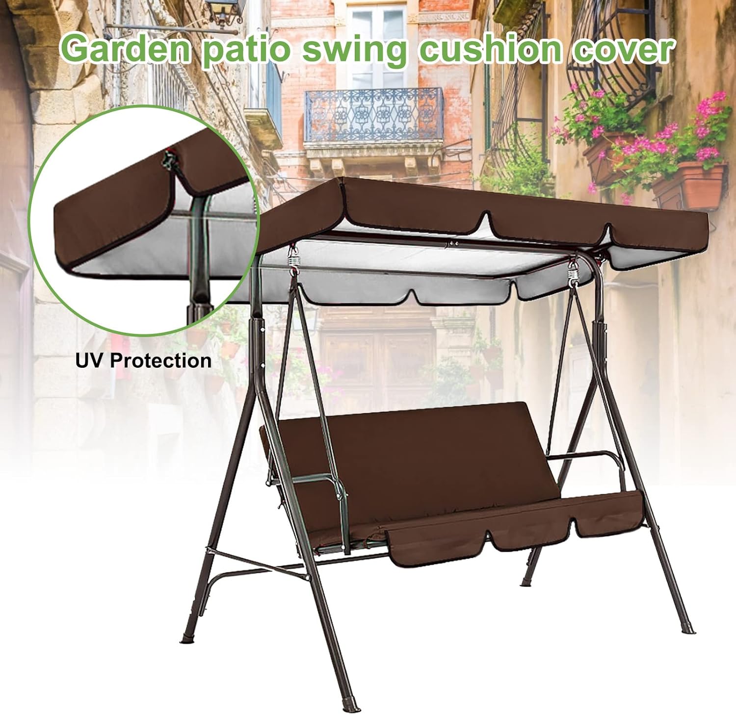 Juego de toldo con funda de cojín de asiento  Funda de cojín para columpio, tela impermeable de 3 asientos, funda de cojín para hamaca de columpio