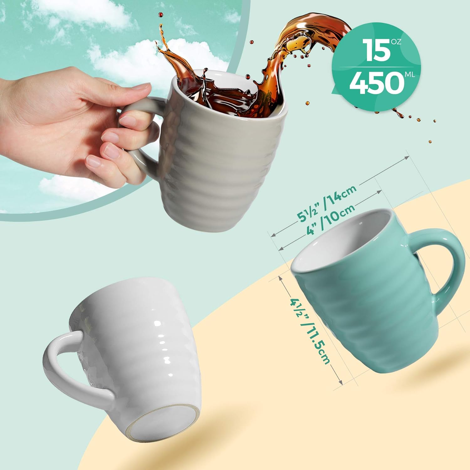 ComSaf Juego de 6 tazas de café de cerámica, taza de café grande de 15 onzas, taza de té para oficina y hogar, taza de porcelana con asa para