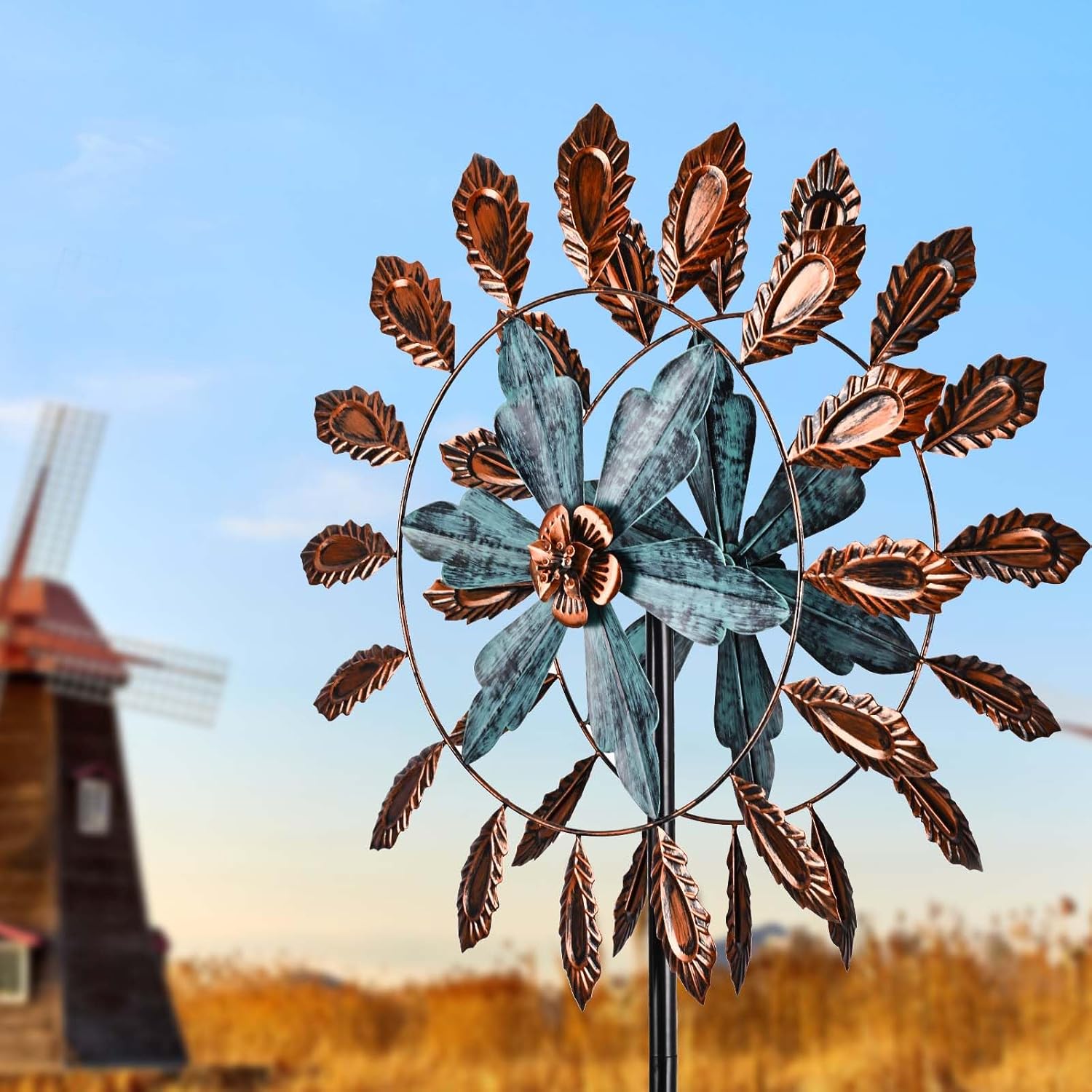 Molinillos de viento de metal para exteriores de 84 pulgadas, grandes molinillos de viento cinéticos con estaca estable, esculturas de viento dobles