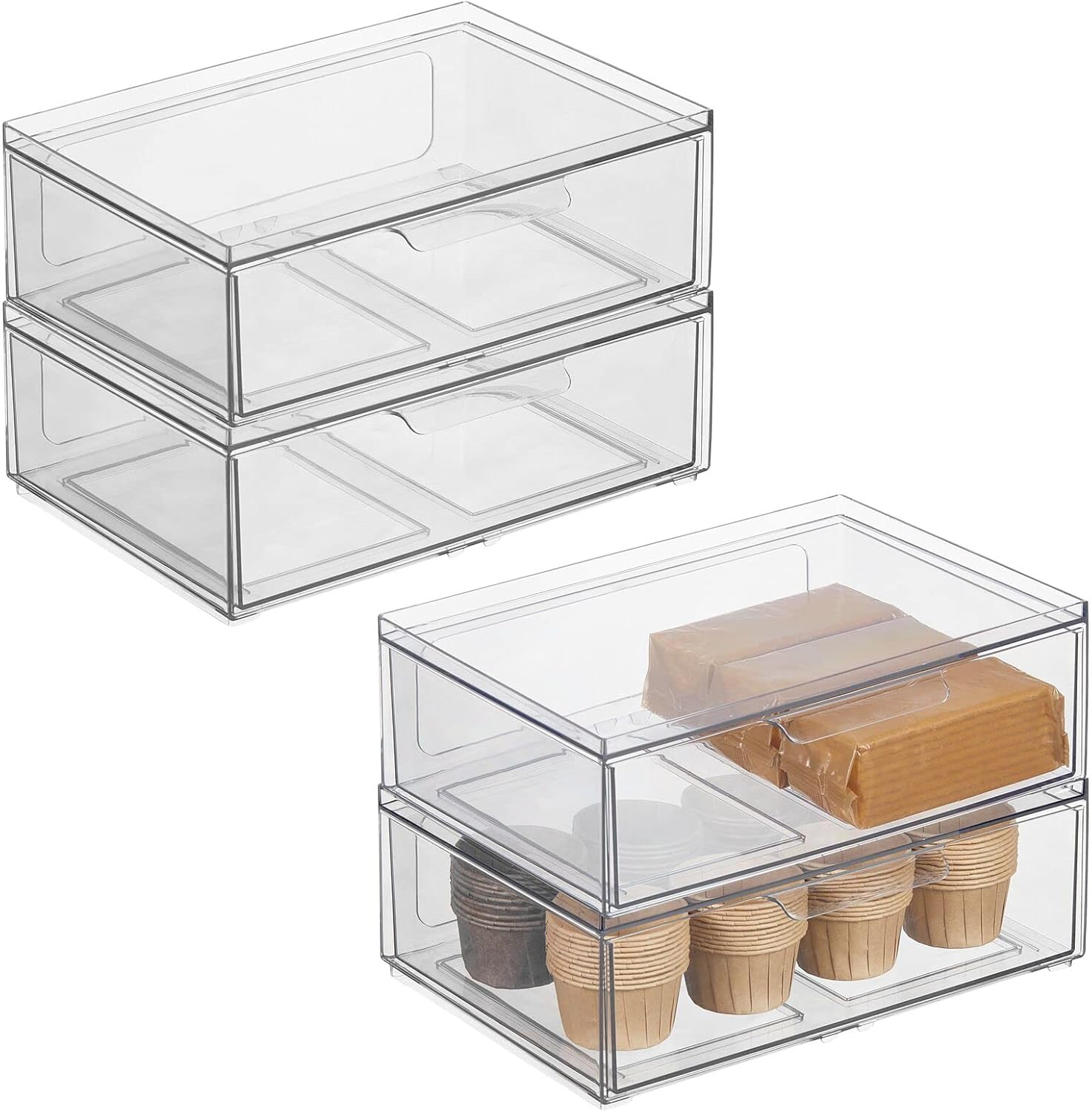 mDesign Contenedores organizadores de almacenamiento de cocina apilables de plástico con cajón frontal para gabinete, despensa, refrigerador,