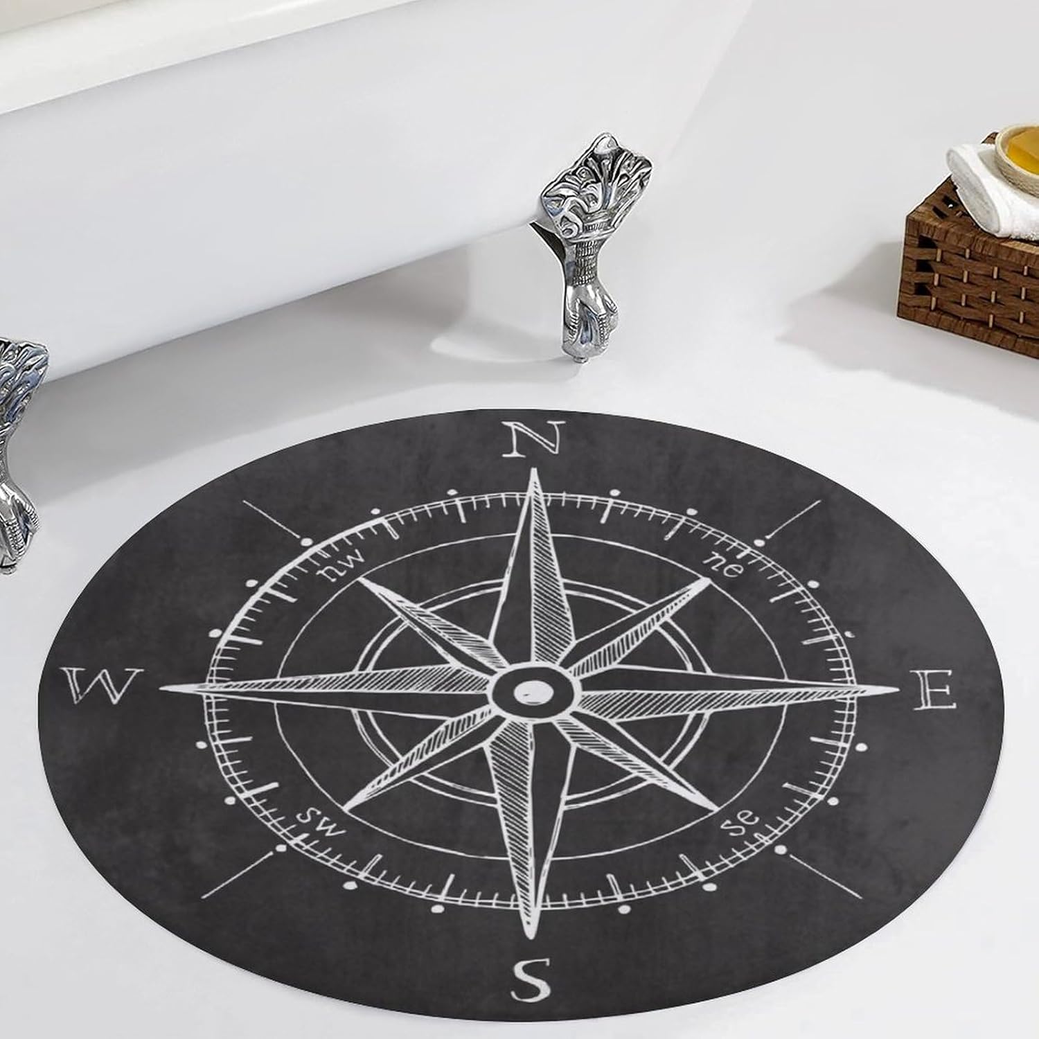 HoaMoya Alfombra redonda de brújula de viento negro con brújula redonda de viaje para baño, dormitorio, cocina, alfombra antideslizante de 3 pies