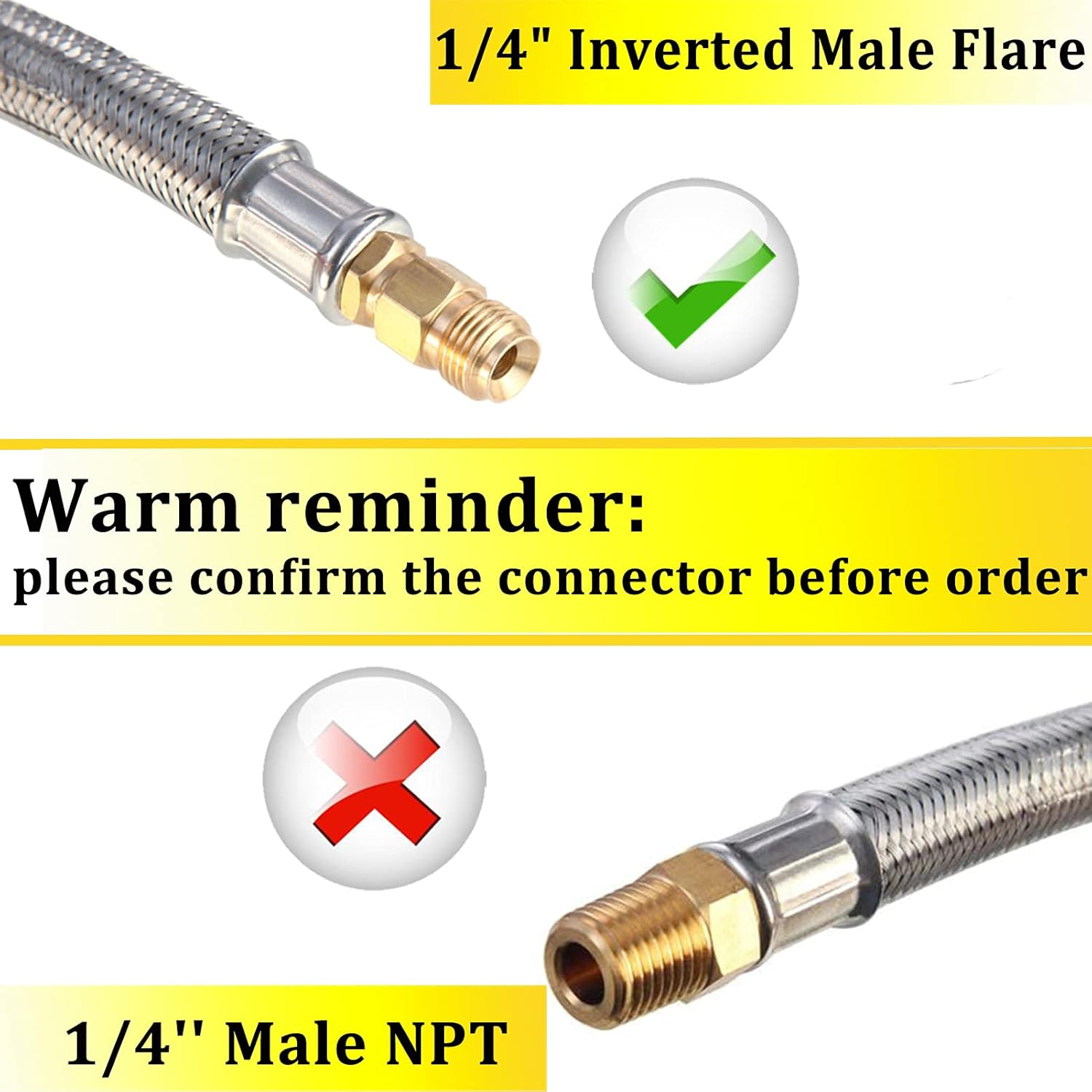 Manguera de propano invertida de 14 pulgadas con calibre, conector de tanque de propano trenzado de acero inoxidable de 15 pulgadas para regulador