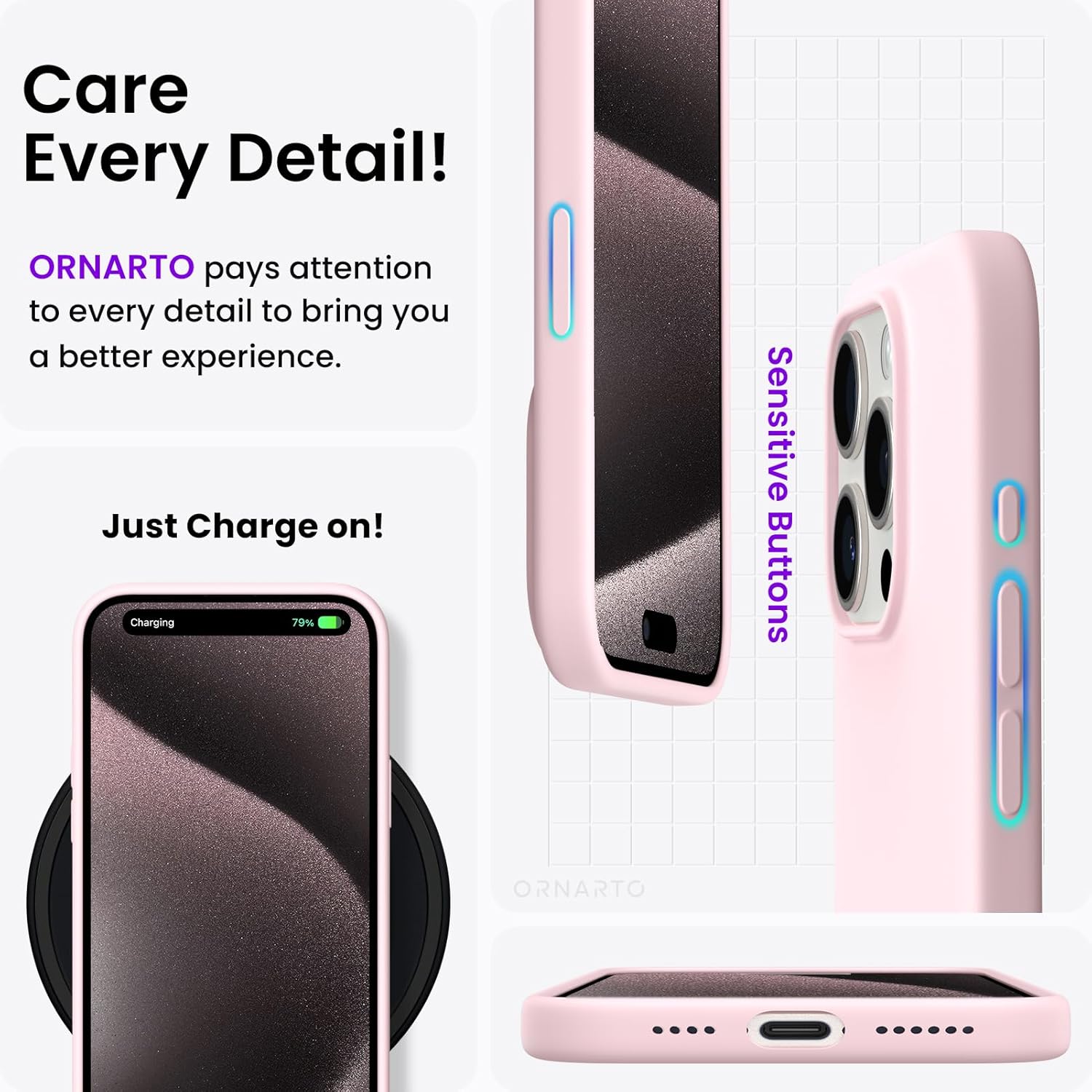 ORNARTO – Funda compatible con iPhone 15 Pro Max de 6.7 pulgadas, delgada, de silicona líquida, 3 capas, gel de caucho suave, a prueba de golpes,