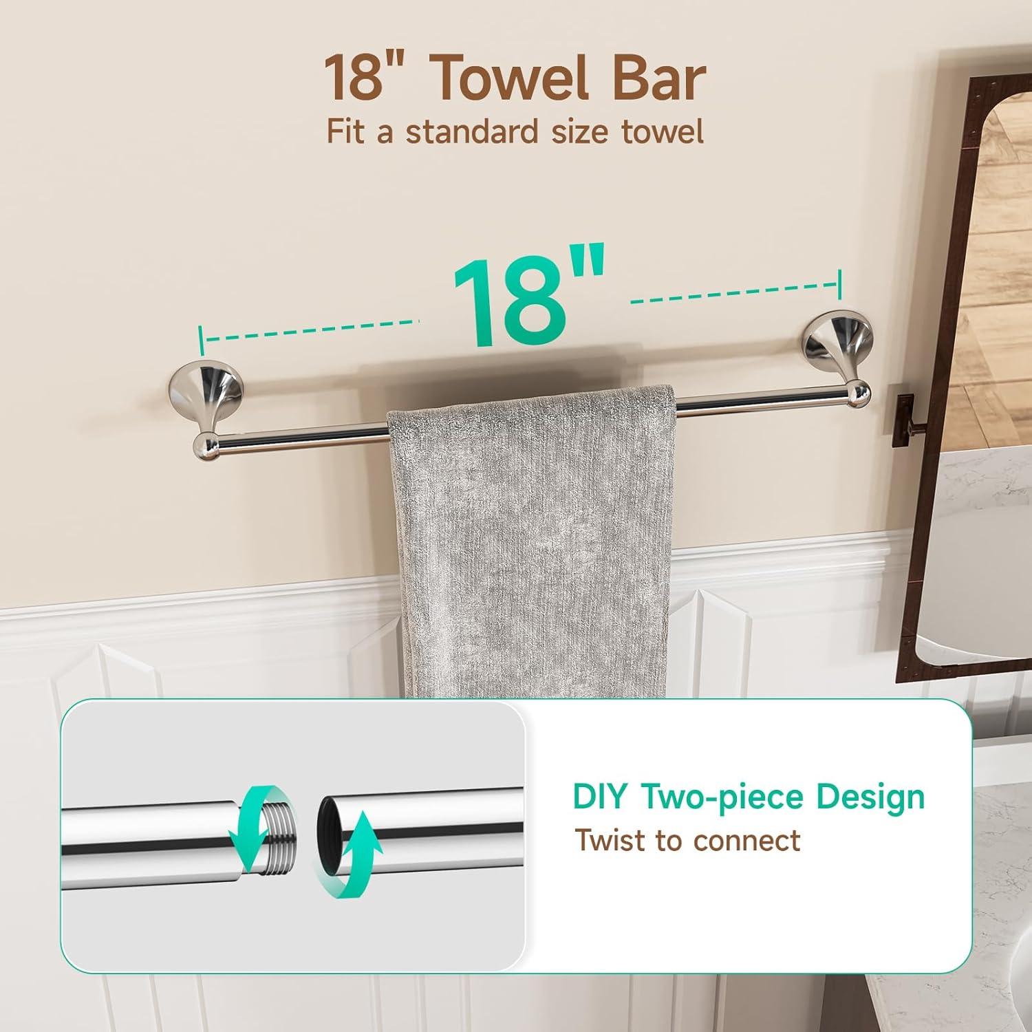 USHOWER Juego de accesorios de baño de cromo pulido, juego de toallero de 18 pulgadas montado en la pared, juego de accesorios de baño resistentes,
