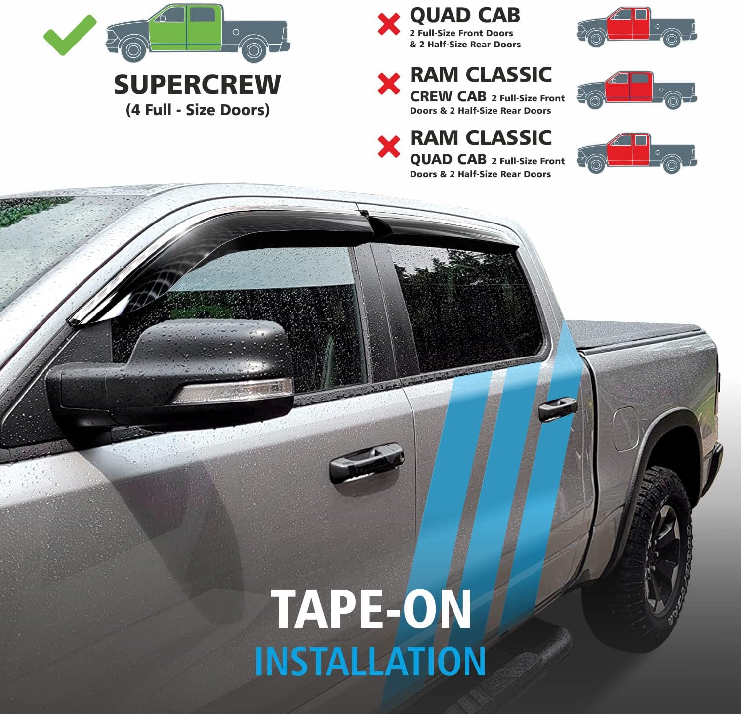 CLIM ART Protectores de lluvia increíblemente duraderos con ribete cromado para Dodge Ram 1500 2019-2024 Crew Cab, deflectores de ventana con cinta