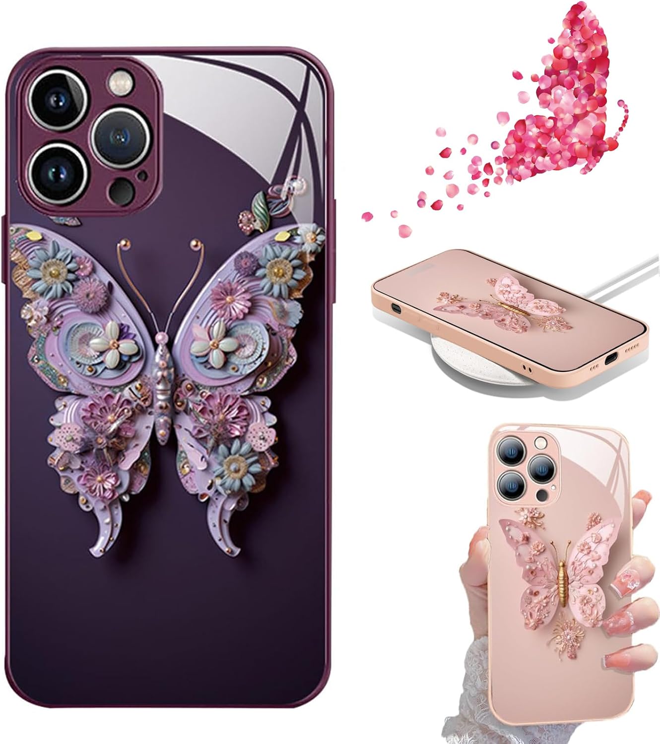 Funda de vidrio con patrón de mariposa 3D plana compatible con iPhone, funda para teléfono con cubierta de vidrio con patrón de mariposa (para