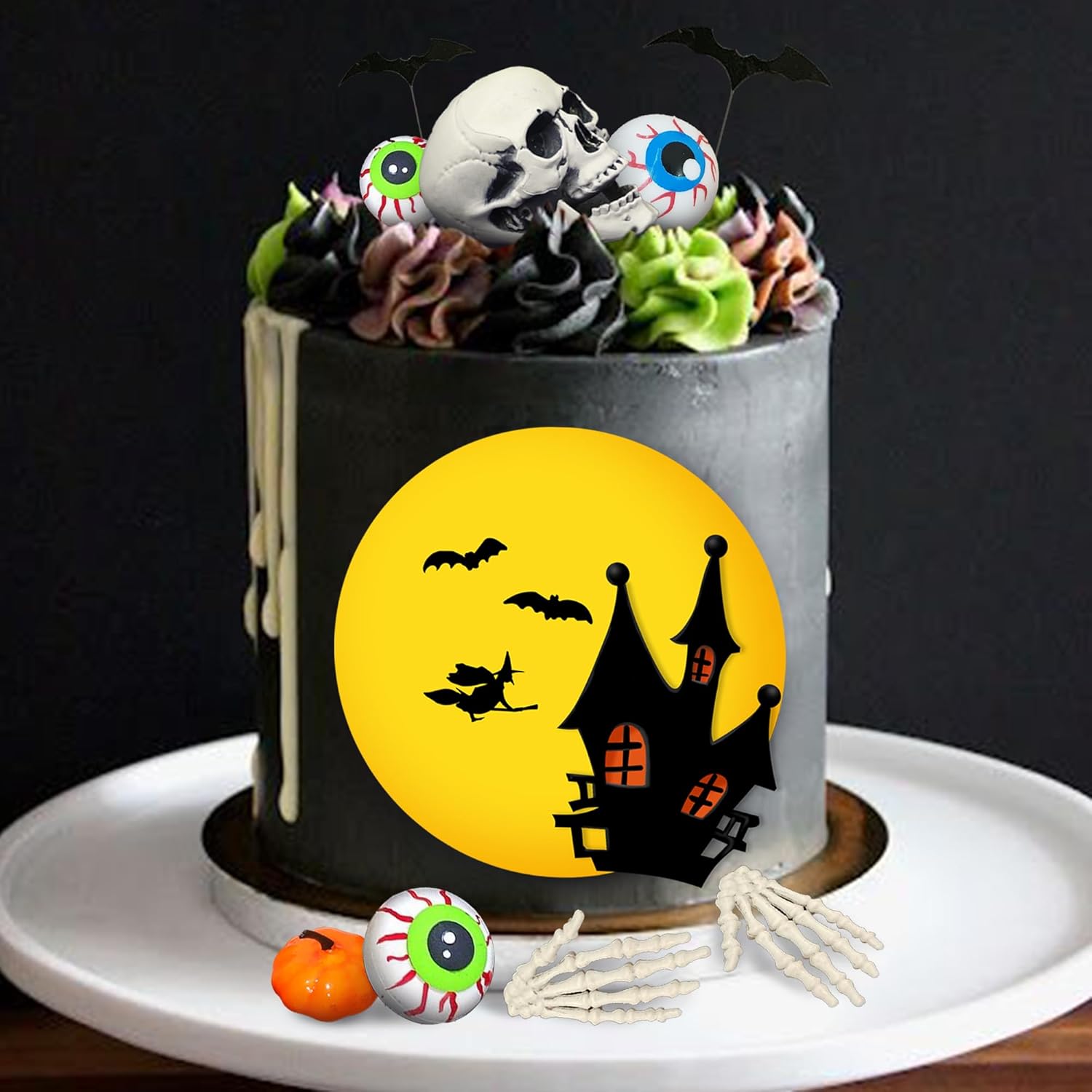 Decoración para tartas de Halloween, lápida, luna, decoración de pastel de calabaza, cabeza de calavera, globos oculares, manos de esqueleto,