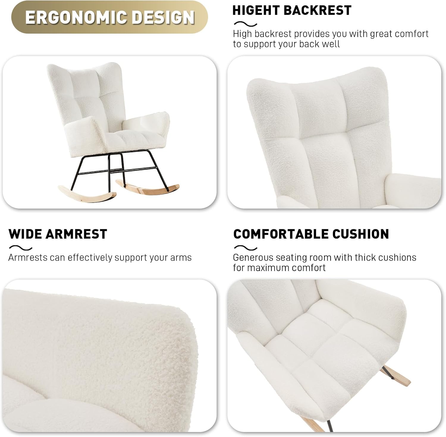Wrofly Mecedora para guardería, moderna mecedora de sherpa con respaldo alto, cómoda silla de lectura tapizada para guardería, sala de estar,