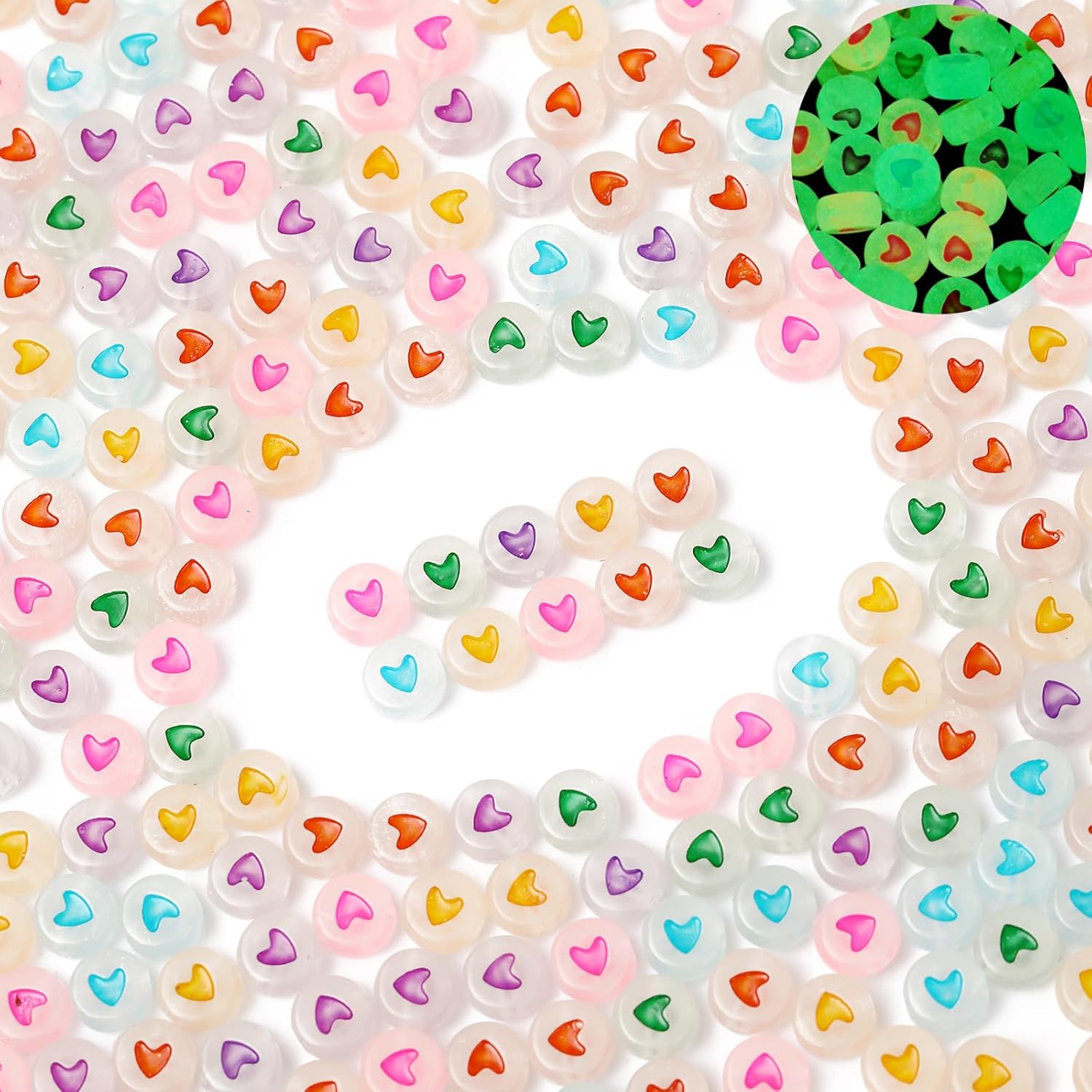 500 cuentas acrílicas luminosas de 0.276 in que brillan en la oscuridad, para hacer pulseras, collares, joyas (corazón colorido)