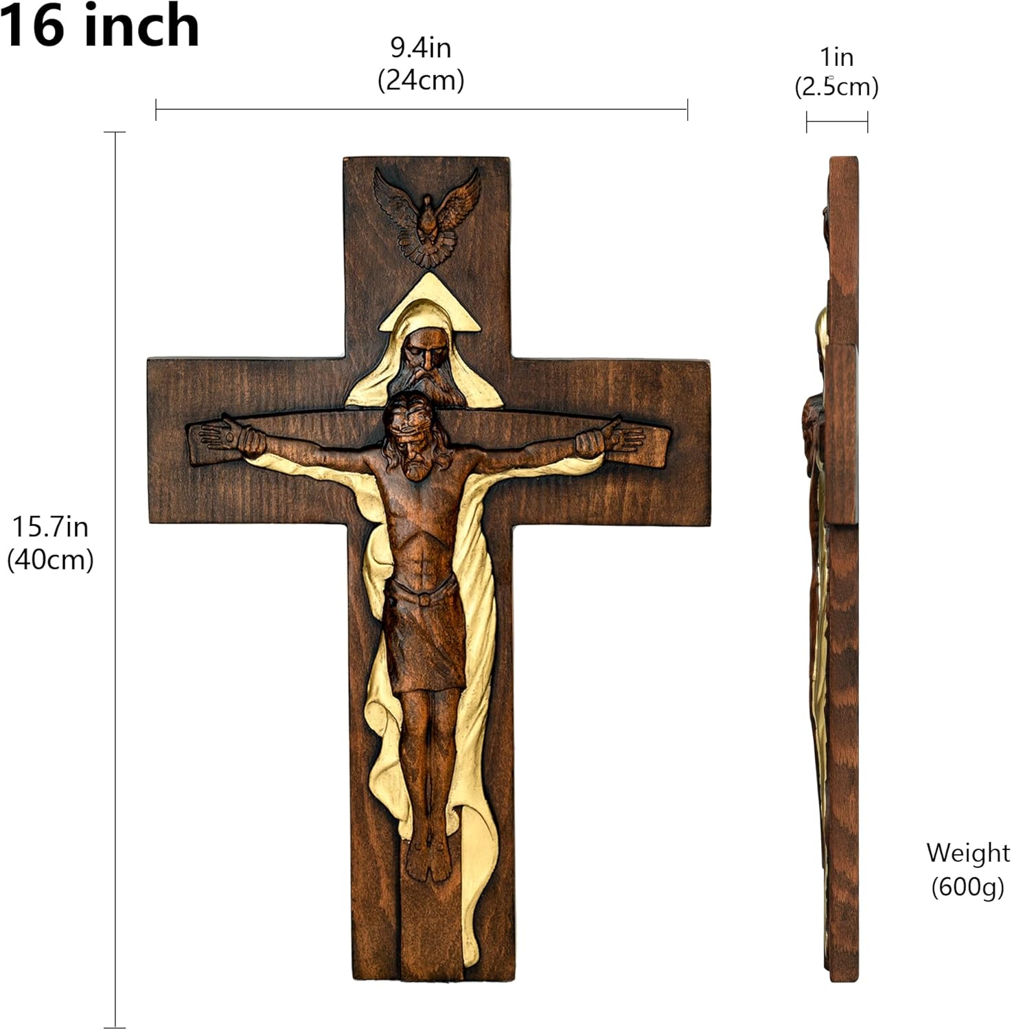 BGCOPPER Crucifijo de pared de crucifijo de la Santísima Trinidad, cruz de Cristo Jesús para pared con gancho, cruz de madera hecha a mano para