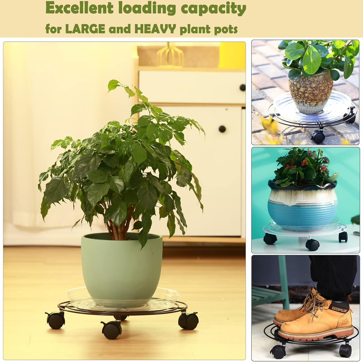 Paquete de 5 soportes grandes de metal para plantas de 13.8 pulgadas con ruedas de hierro forjado de alta resistencia con ruedas para interiores y