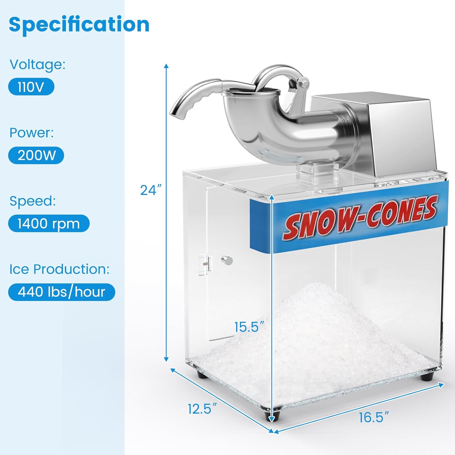 COSTWAY Máquina de hielo afeitado comercial, trituradora de hielo de acero inoxidable de 440 librasH con interruptor de encendidoapagado de