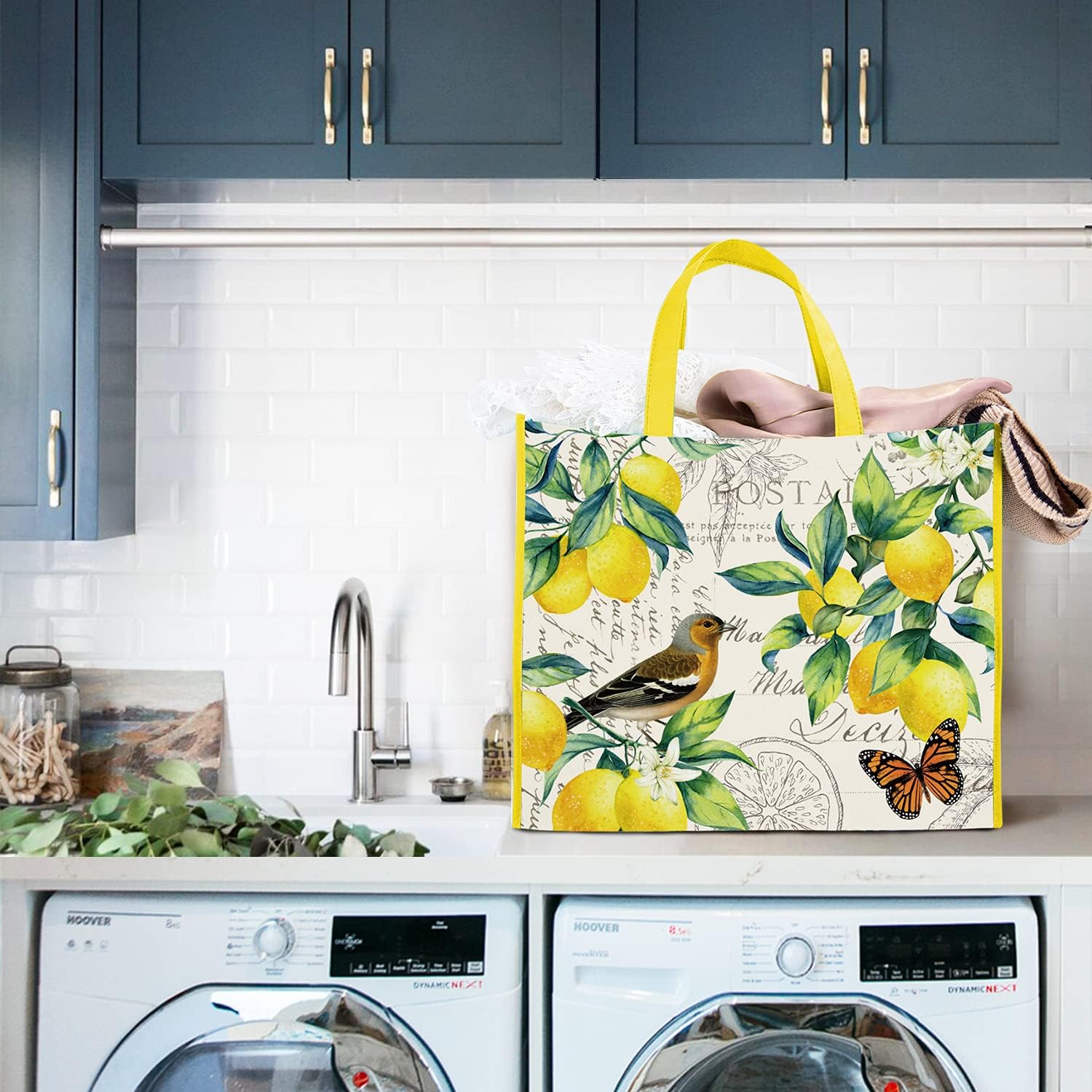 NymphFable Paquete de 5 bolsas de compras reutilizables con limones, pájaros, mariposas, lavables, bolsas de tela