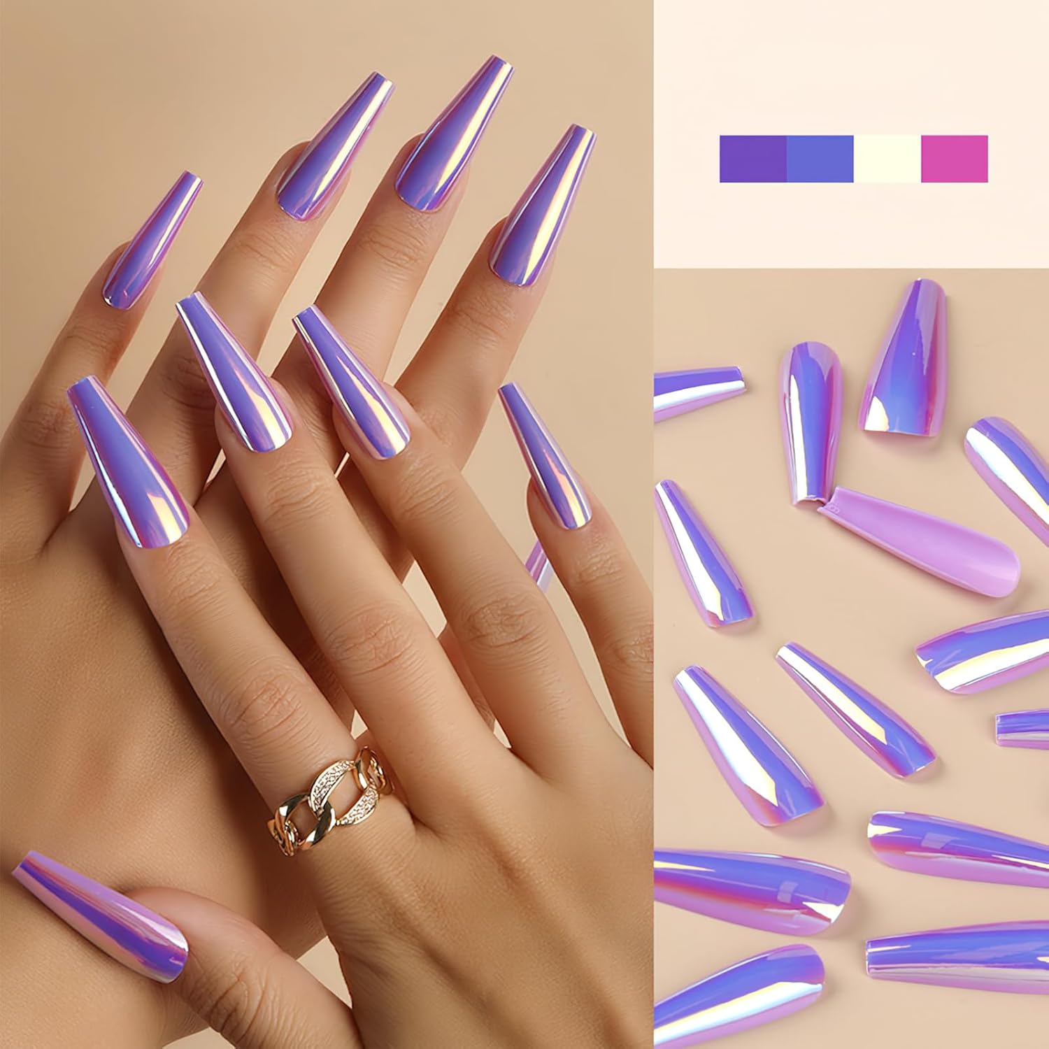 Uñas postizas a presión cromadas holográficas moradas, largas de espejo, de lujo, metálicas, camaleón, uñas postizas largas de bailarina, cobertura