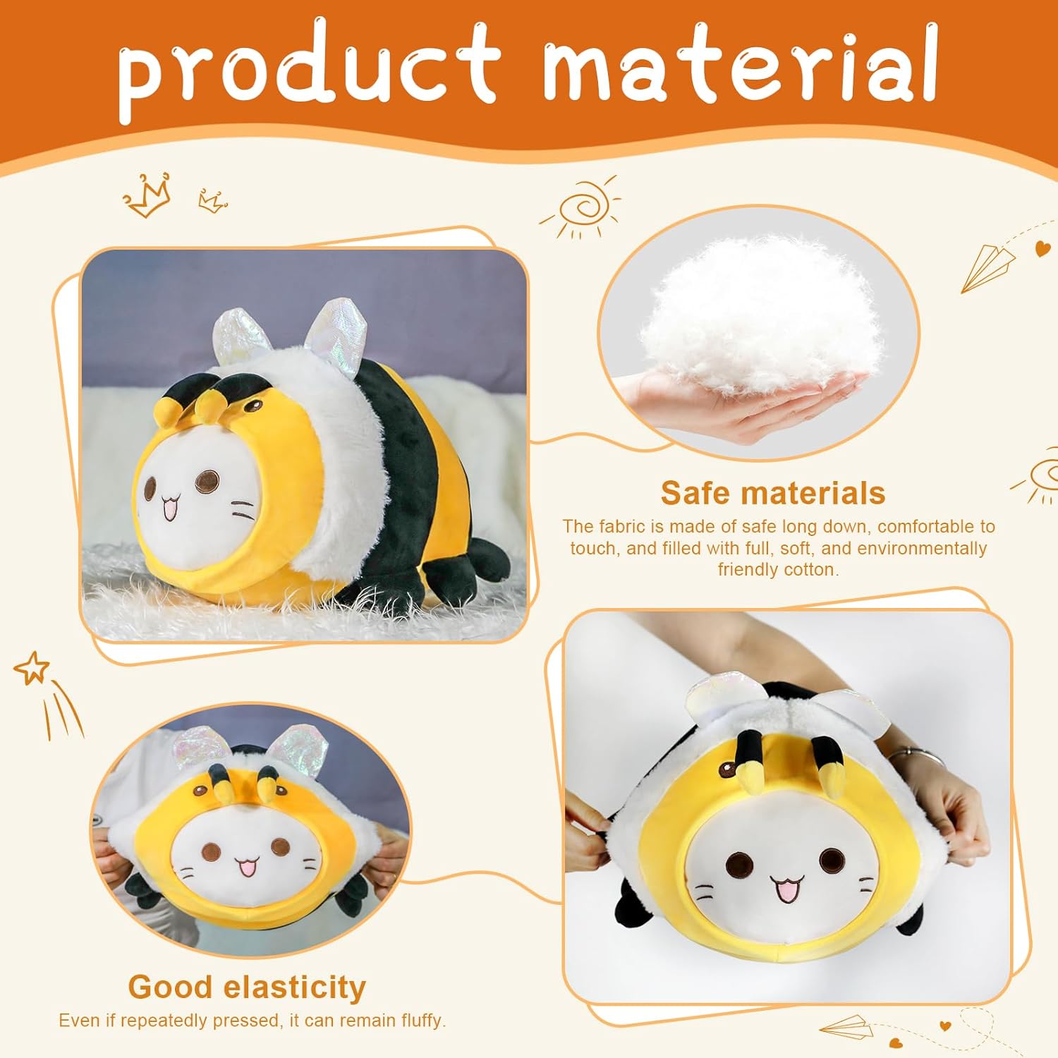 yayyayer Lindo juguete de peluche de abeja de gato, suave de 12 pulgadas, almohada de animales de peluche de abeja kawaii gato de peluche para