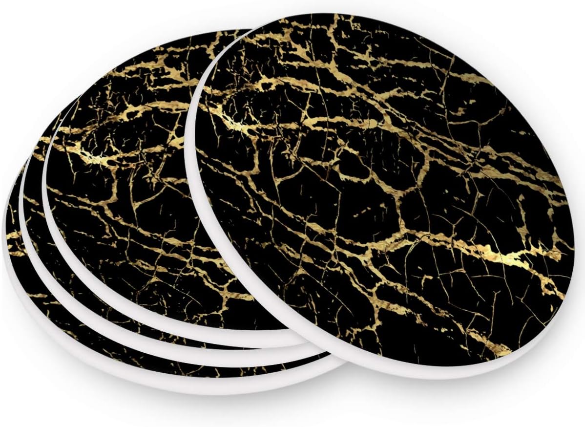 visesunny Posavasos de mármol dorado y negro que absorbe la humedad con base de corcho para protección de mesa para evitar daños en los muebles, 4