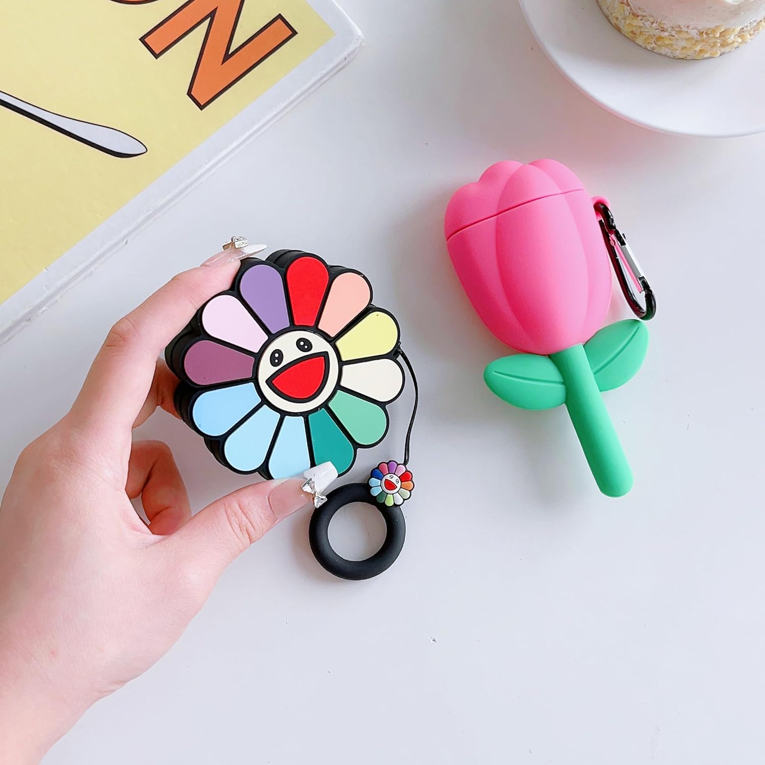 Paquete de 2Funda 3D con diseño de flores para Airpod 21, funda 3D para niños, niñas, adolescentes y mujeres, diseño de tulipán Kawaii + girasol,