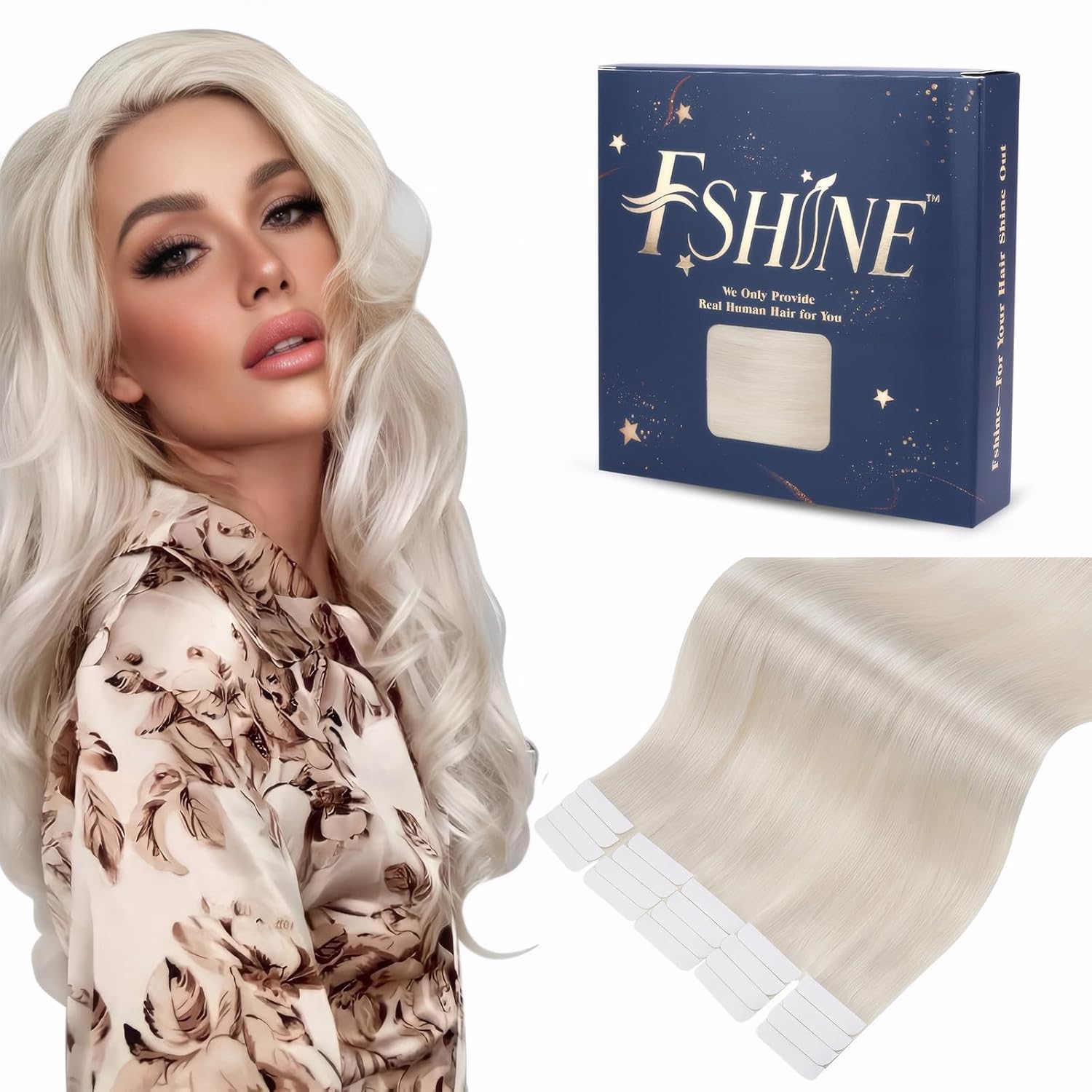 Fshine Extensiones de cabello humano Remy con cinta adhesiva, color rubio blanco, extensiones de cabello natural, sedosas, lacias, rubias, suaves y