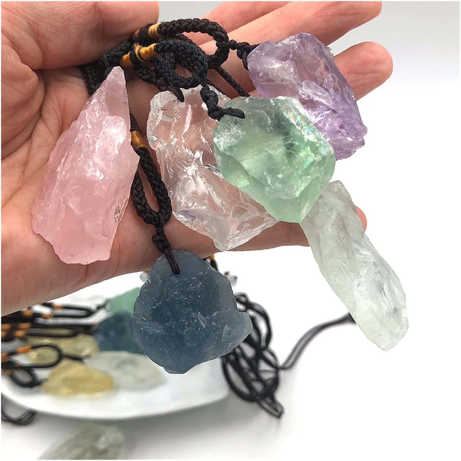 Feng Shui Decorate 1pc Random Natural Raw Amethyst Clear Rose Citrine Rough Stone Necklace Quartz Crystal Reiki Pendant Gift Gems Raw Rough Natural