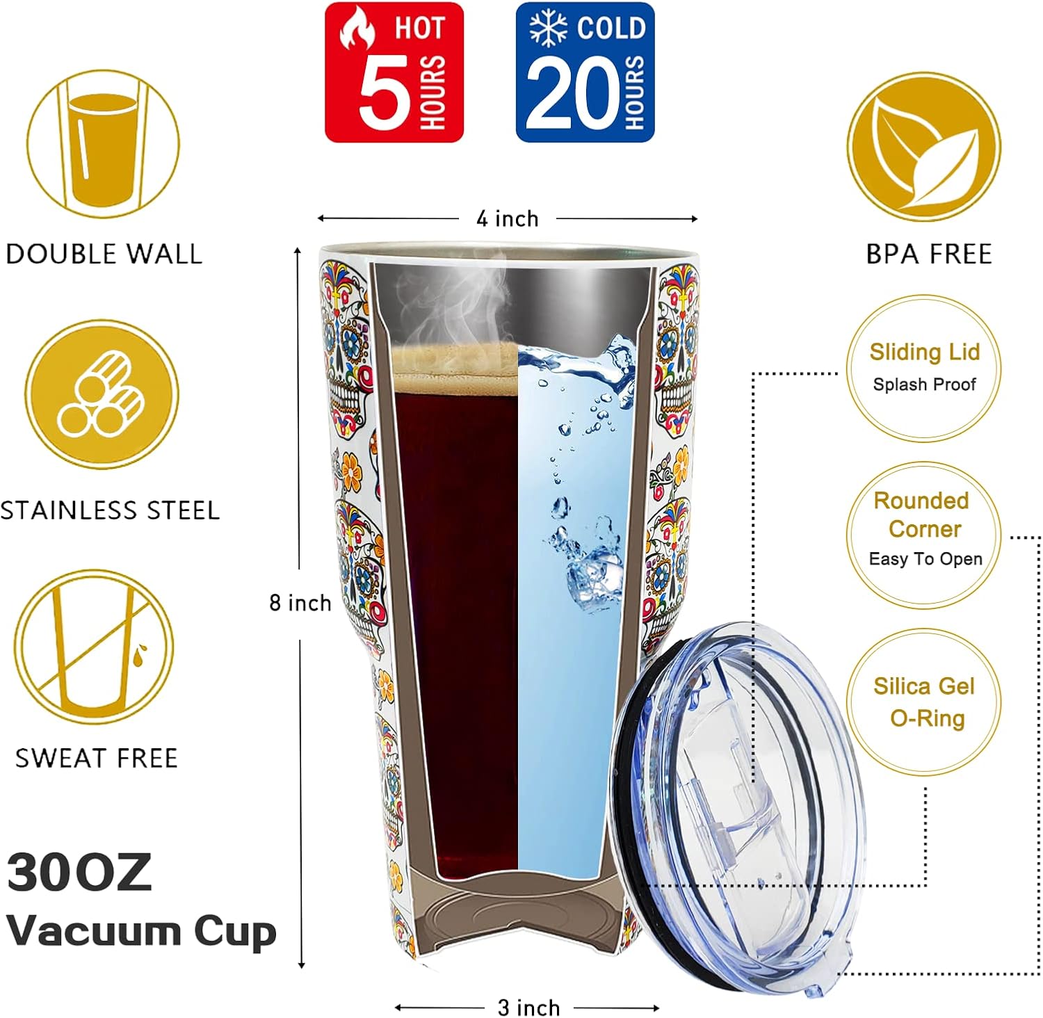 Tumbler with Lid, Double Wall Vacuum Insulated Reusable Coffee Travel Mug Keeps Drinks HotCold, Skull Tumblers Cup for Sport Camping Driving Unique