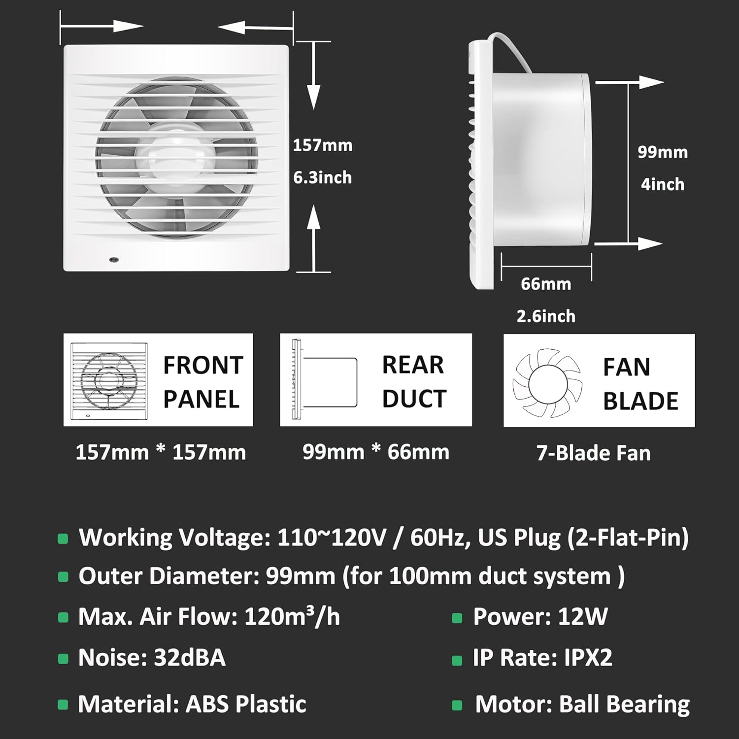 Moonjor Extractor de ventilación de 4 pulgadas, 55CFM 12 W, ventilador extractor de ventilación de montaje en pared para cocina, baño, taller,