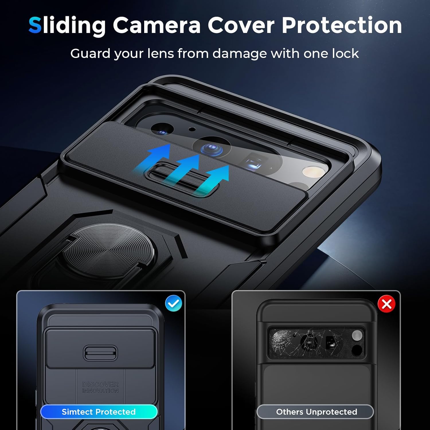 Simtect Funda para Google Pixel 8 Pro con cubierta de cámara, protección militar contra caídas de 14 pies soporte de anillo de rotación de 360 Funda
