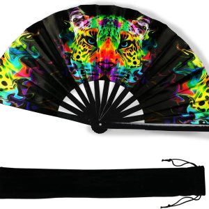 Ventilador de mano plegable grande para hombres y mujeres con bolsa de terciopelo, colorido ventilador UV brillante para fiestas de música Ventilador de mano plegable grande para hombres y mujeres con bolsa de terciopelo, colorido ventilador UV brillante para fiestas de música