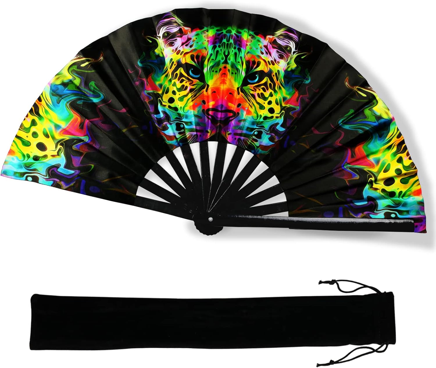 Ventilador de mano plegable grande para hombres y mujeres con bolsa de terciopelo, colorido ventilador UV brillante para fiestas de música