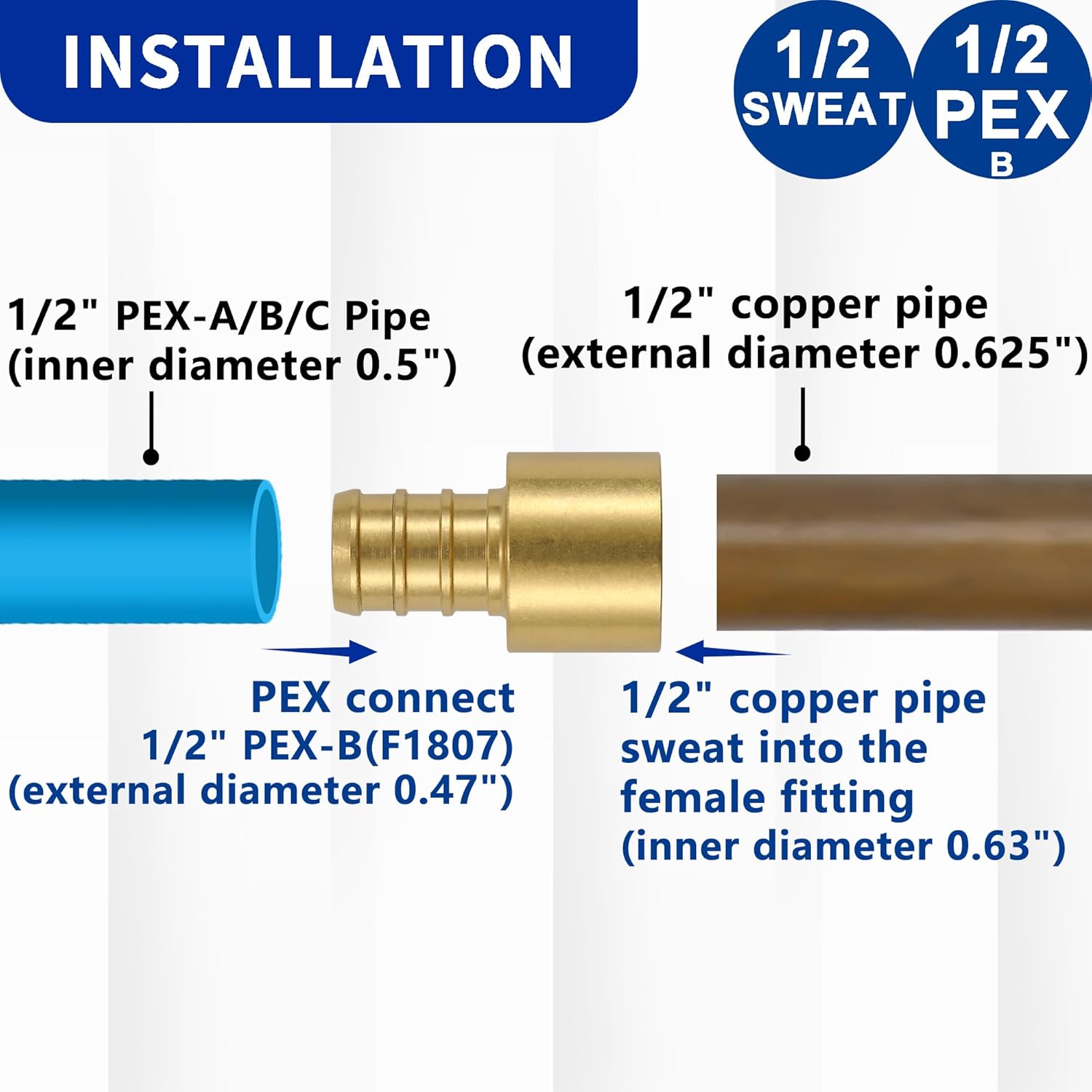 Lidertik – Adaptador de sudor hembra de cobre a Pex de 12 pulgada, 12 pulgada Pex F1807 x 12 pulgada (paquete de 10)