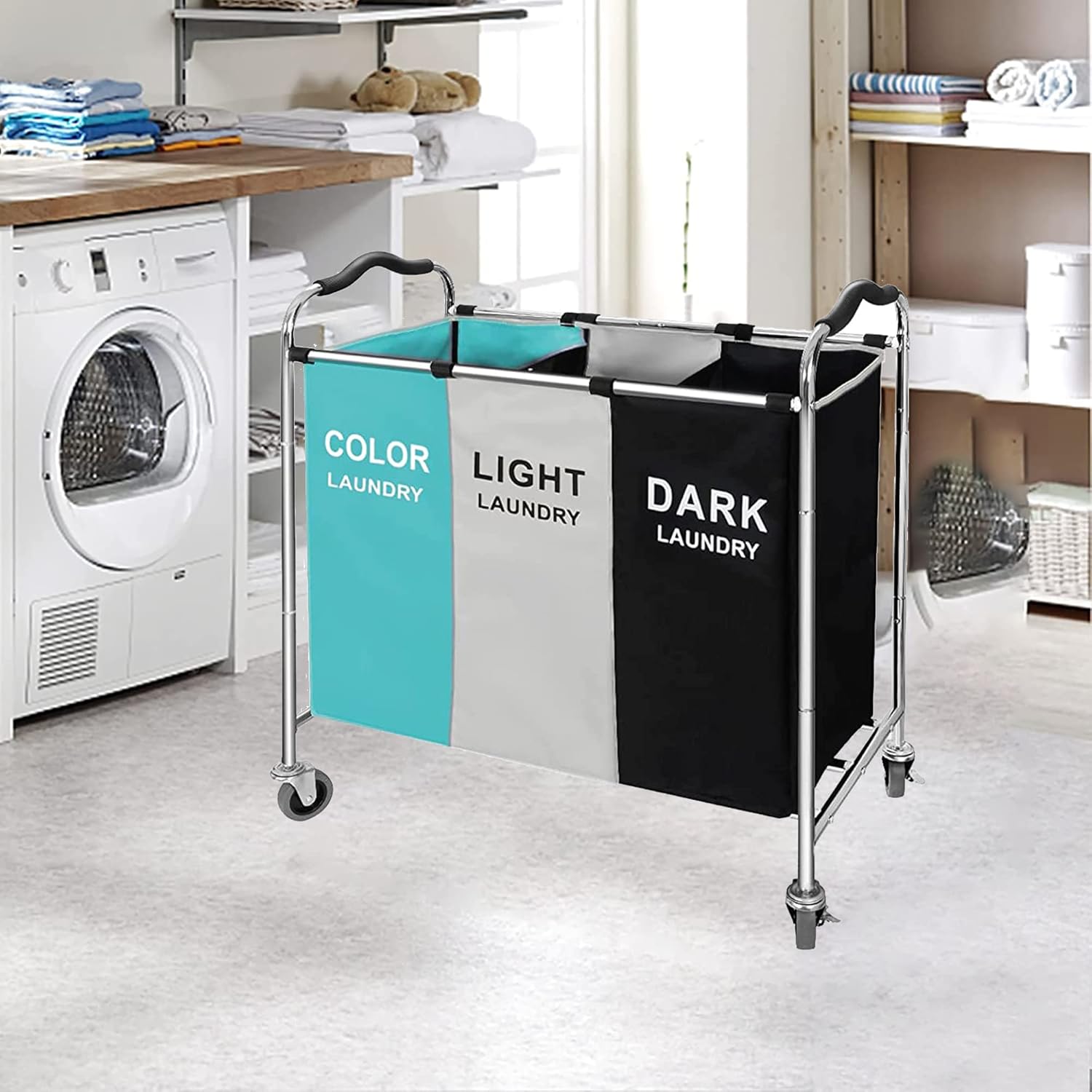240L Laundry Sorter Hamper, Divided 3 Section Laundry Cart with Lockable Wheels, Large Capacity Bag Storage Organizer in Laundry Room Bathroom